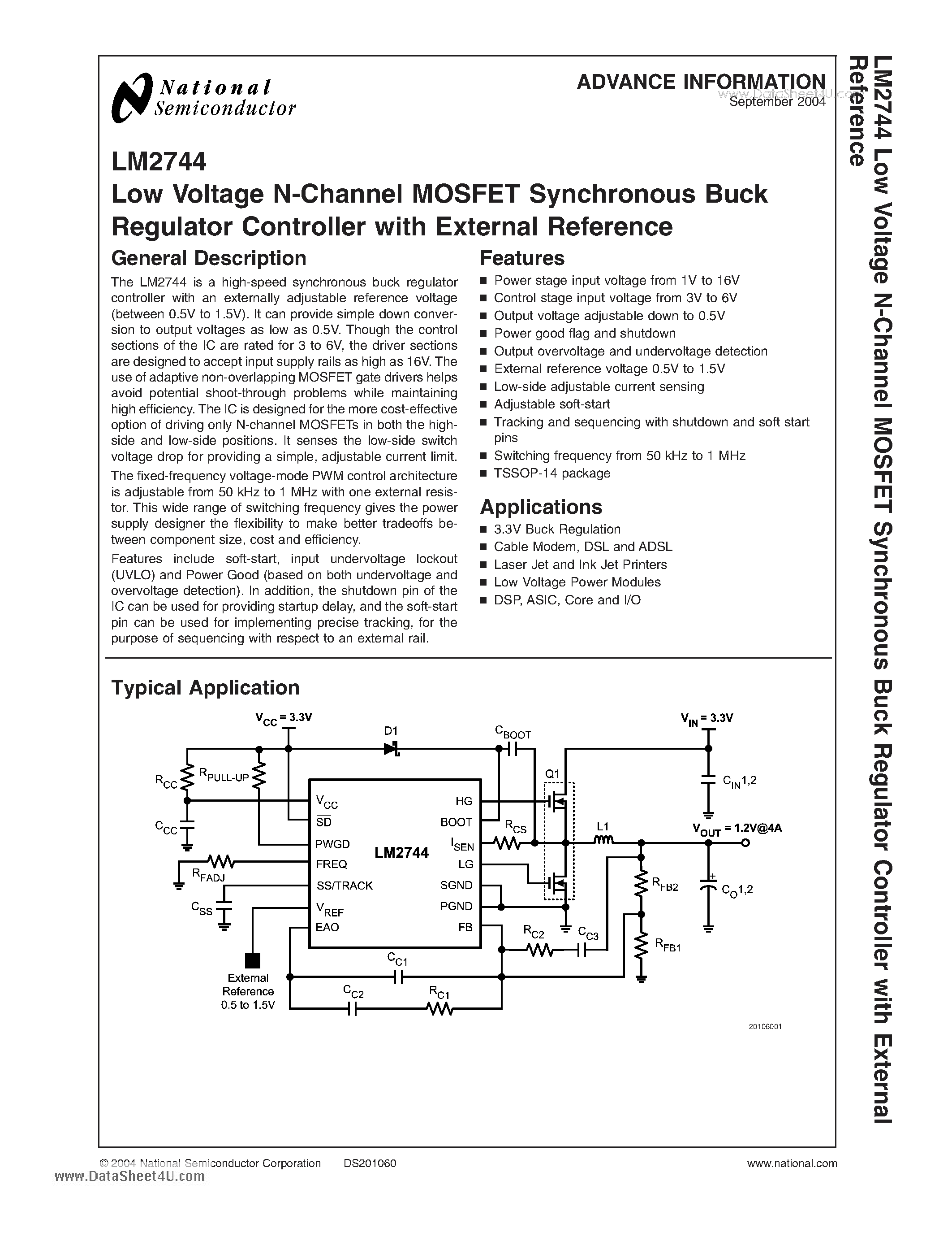 Datasheet LM2744 page 1 Datasheet LM2744 - Low Voltage N-Channel MOSFET Synchronous Buck Regulator Controller page 1