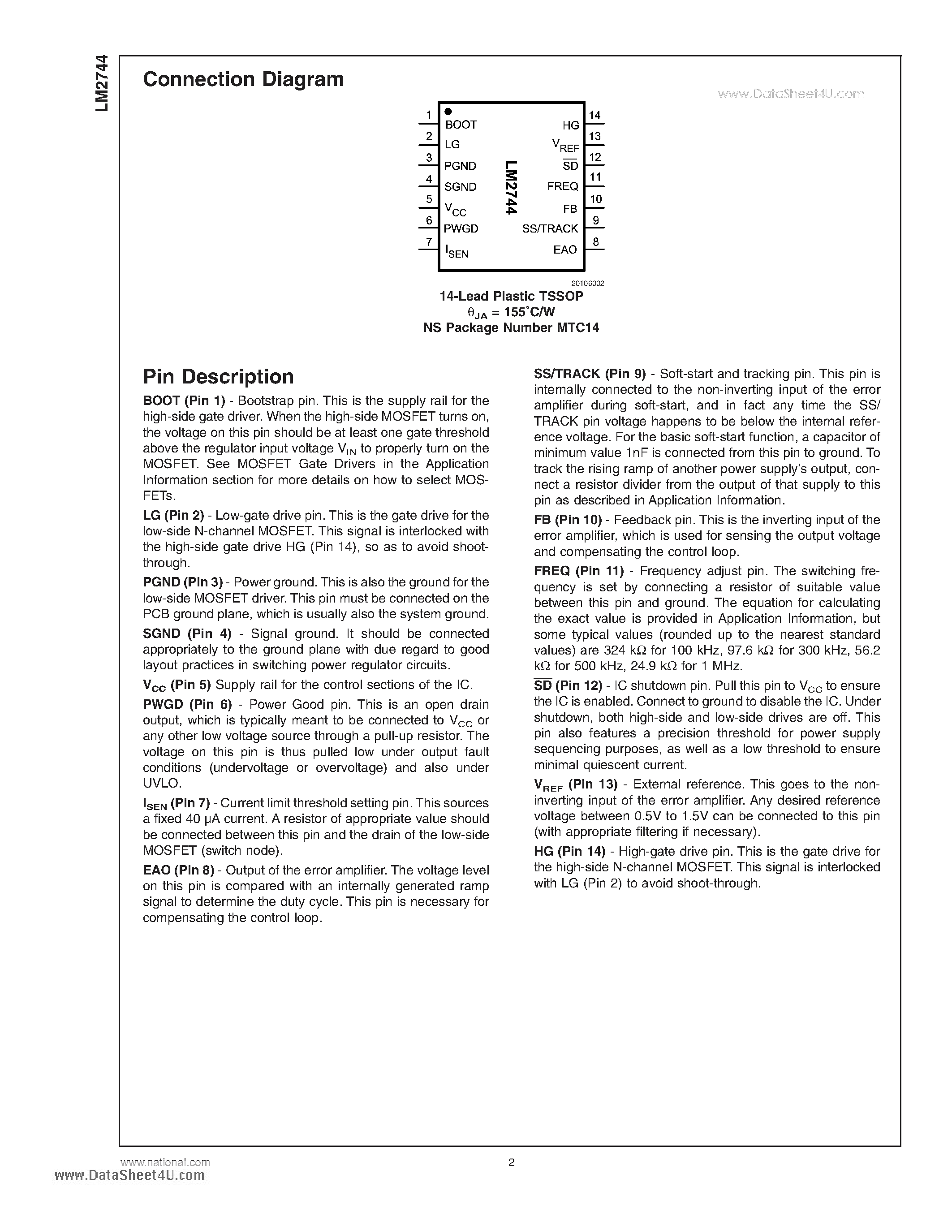 Datasheet LM2744 page 2 Datasheet LM2744 - Low Voltage N-Channel MOSFET Synchronous Buck Regulator Controller page 2