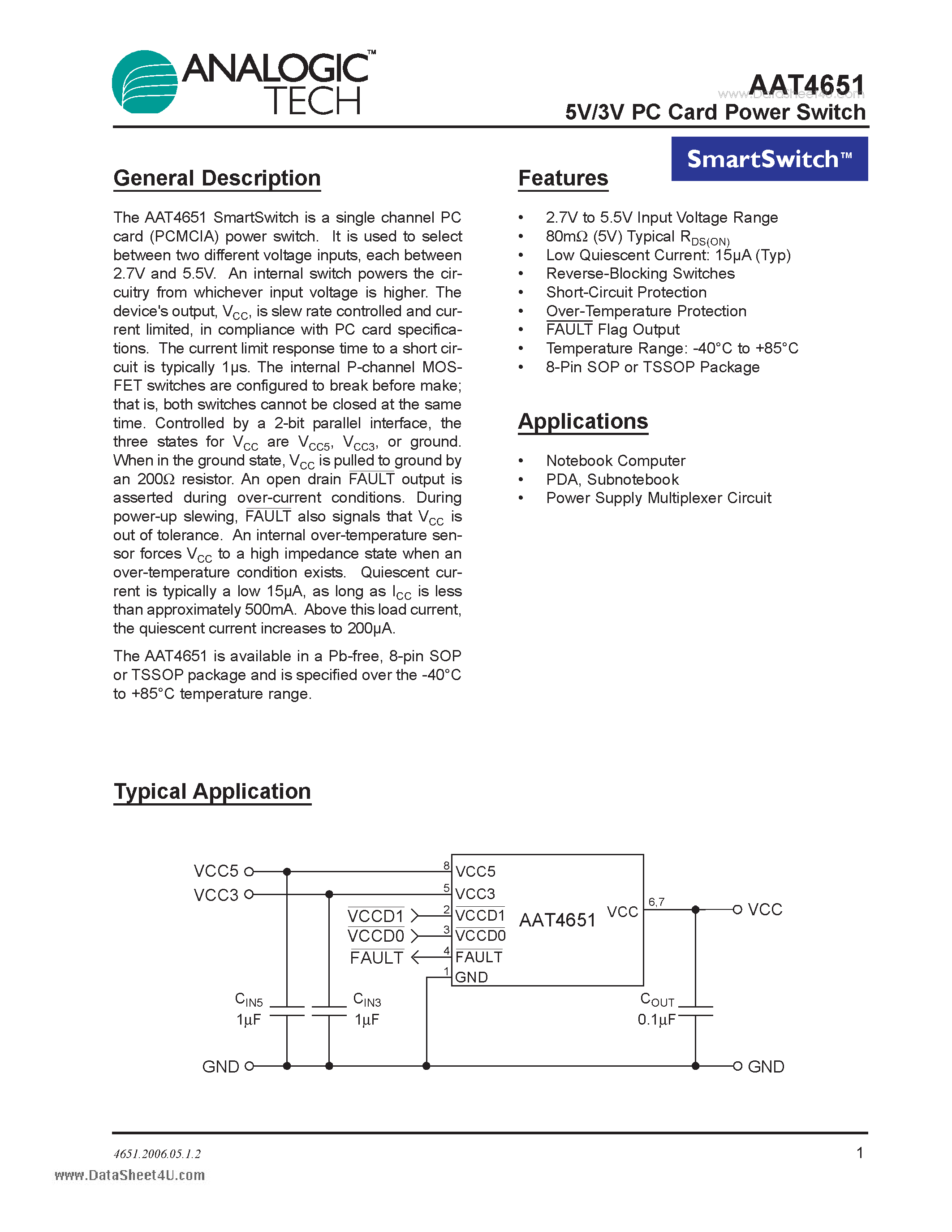 Даташит на микросхему AAT4651 страница 1 Даташит AAT4651 - 5V/3V PC Card Power Switch страница 1