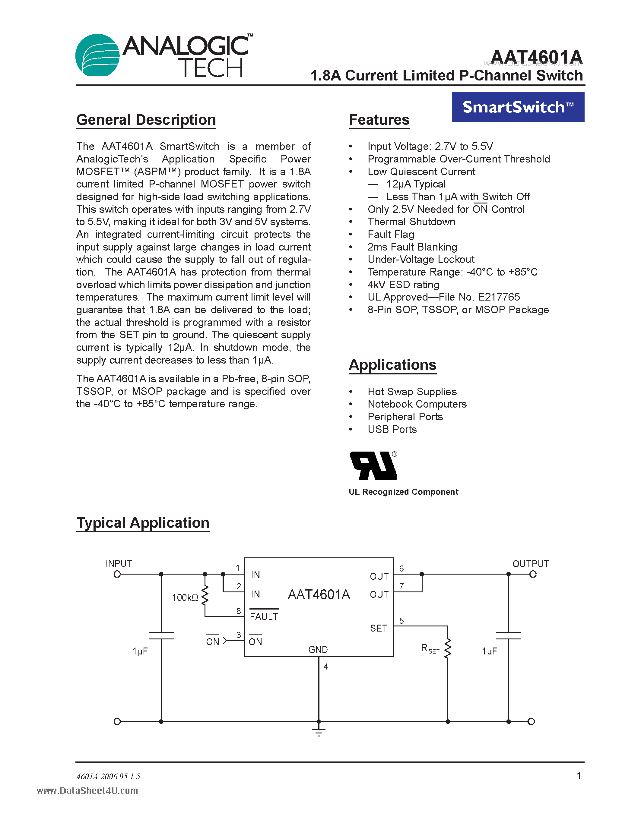 Datasheet AAT4601A - 1.8A Current Limited P-Channel Switch page 1