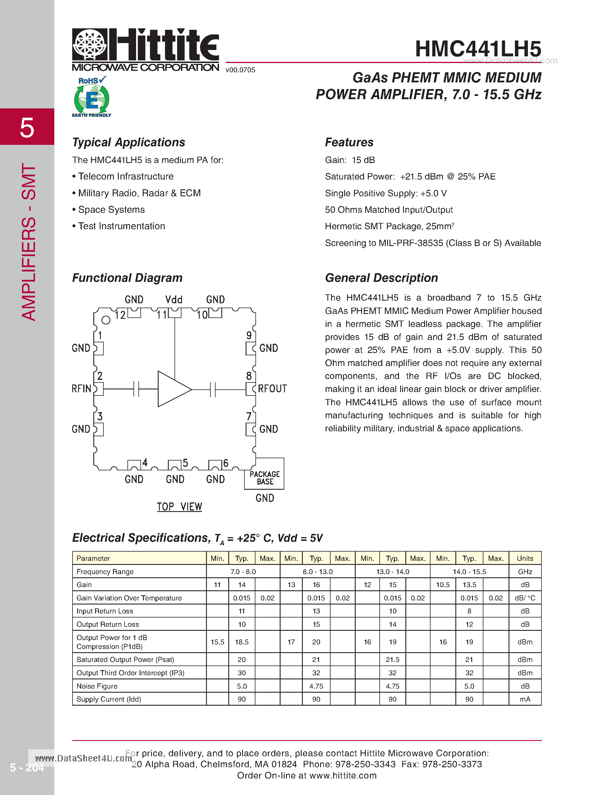 Datasheet HMC441LH5 - GaAs PHEMT MMIC MEDIUM POWER AMPLIFIER 7.0 - 15.5 GHz page 1