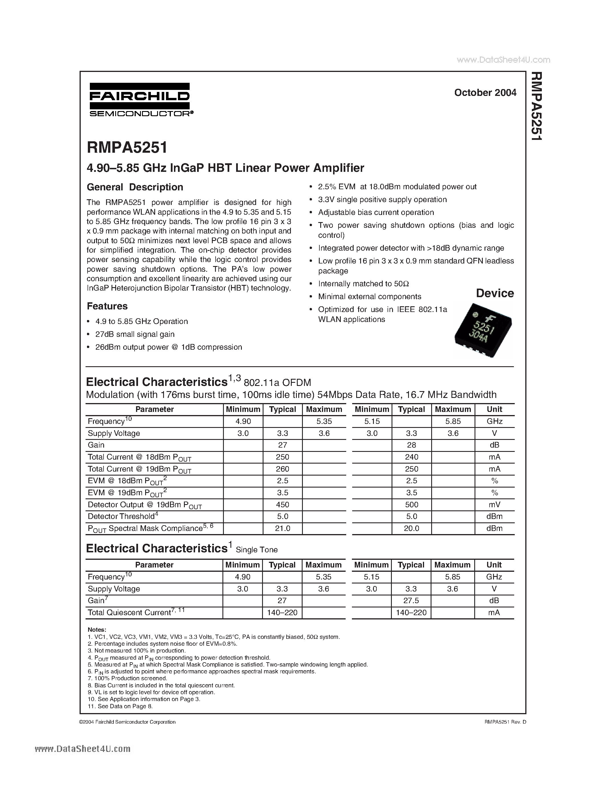 Datasheet RMPA5251 page 1 Datasheet RMPA5251 - 4.90-5.85 GHz InGaP HBT Linear Power Amplifier page 1