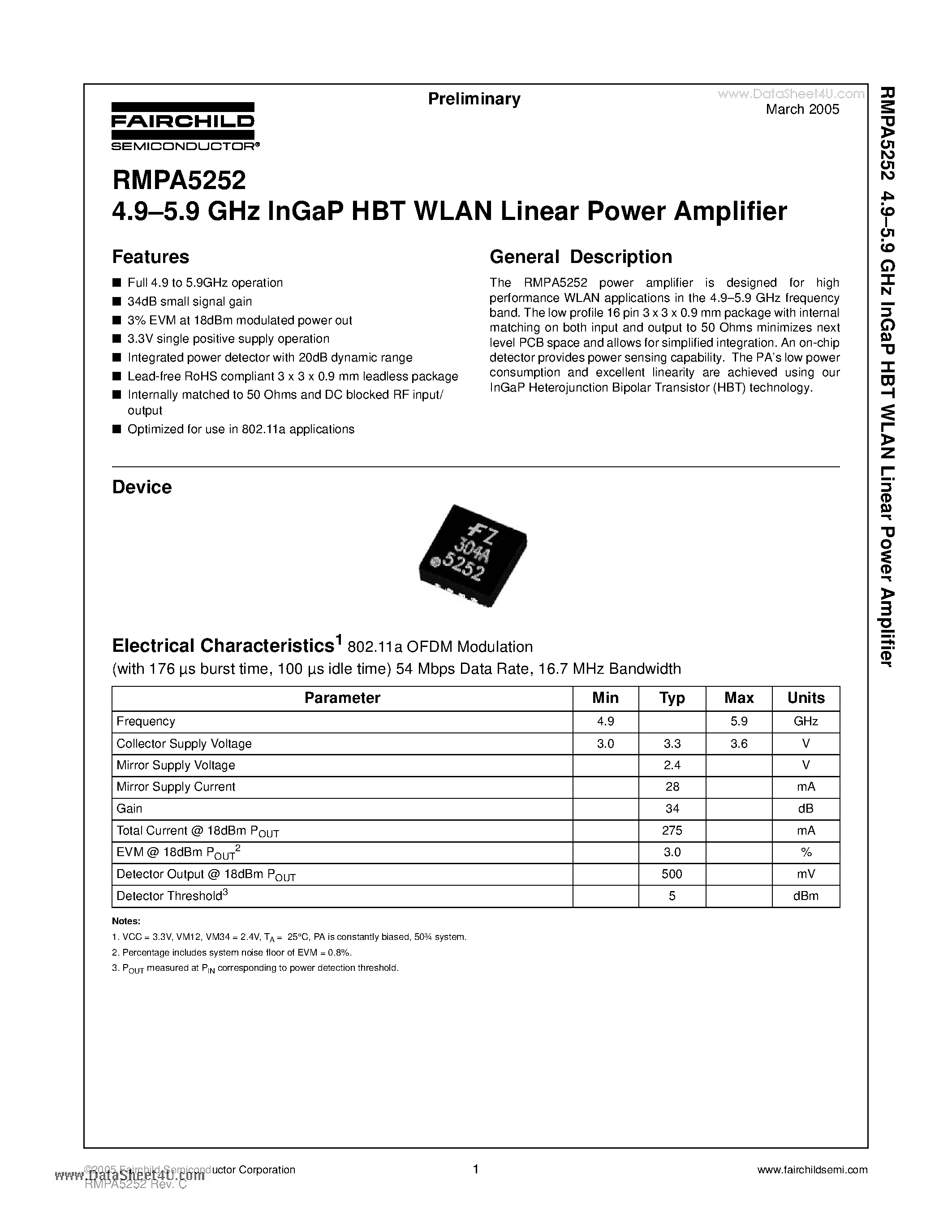 Datasheet RMPA5252 page 1 Datasheet RMPA5252 - 4.9-5.9 GHz InGaP HBT WLAN Linear Power Amplifier page 1