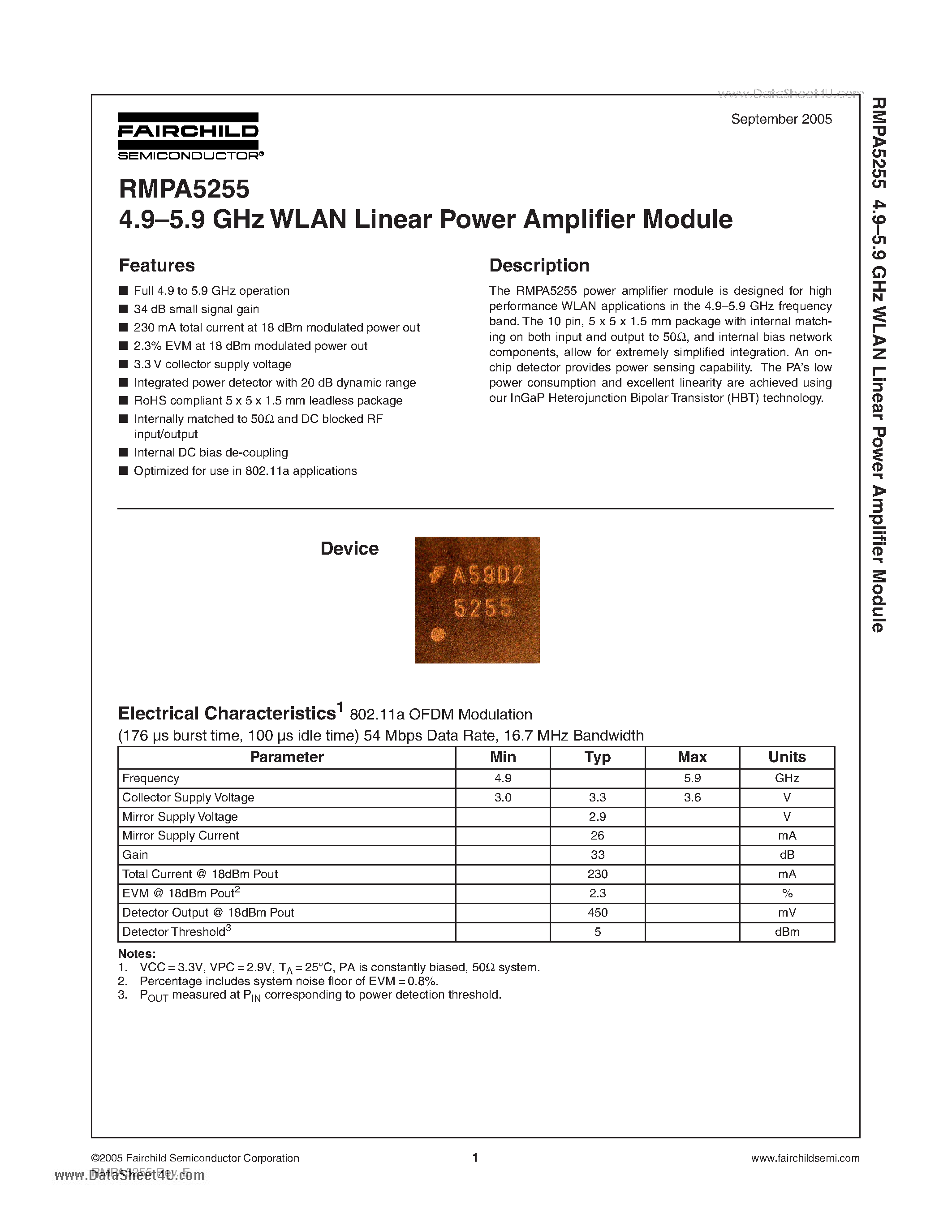 Даташит RMPA5255 - 4.9-5.9 GHz WLAN Linear Power Amplifier Module страница 1