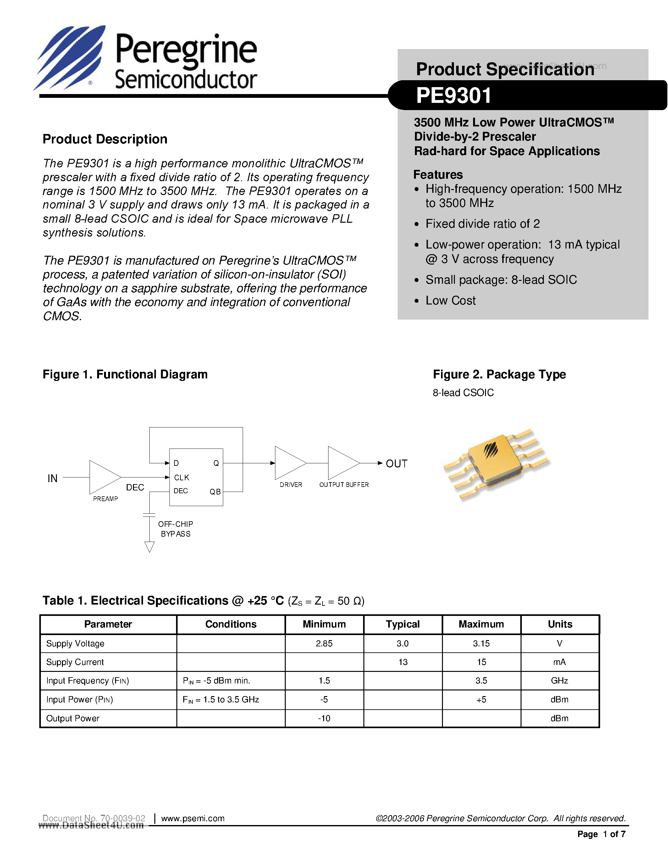 Datasheet PE9301 - 3500 MHz Low Power UltraCMOS Divide-by-2 Prescaler Rad-hard for Space Applications page 1