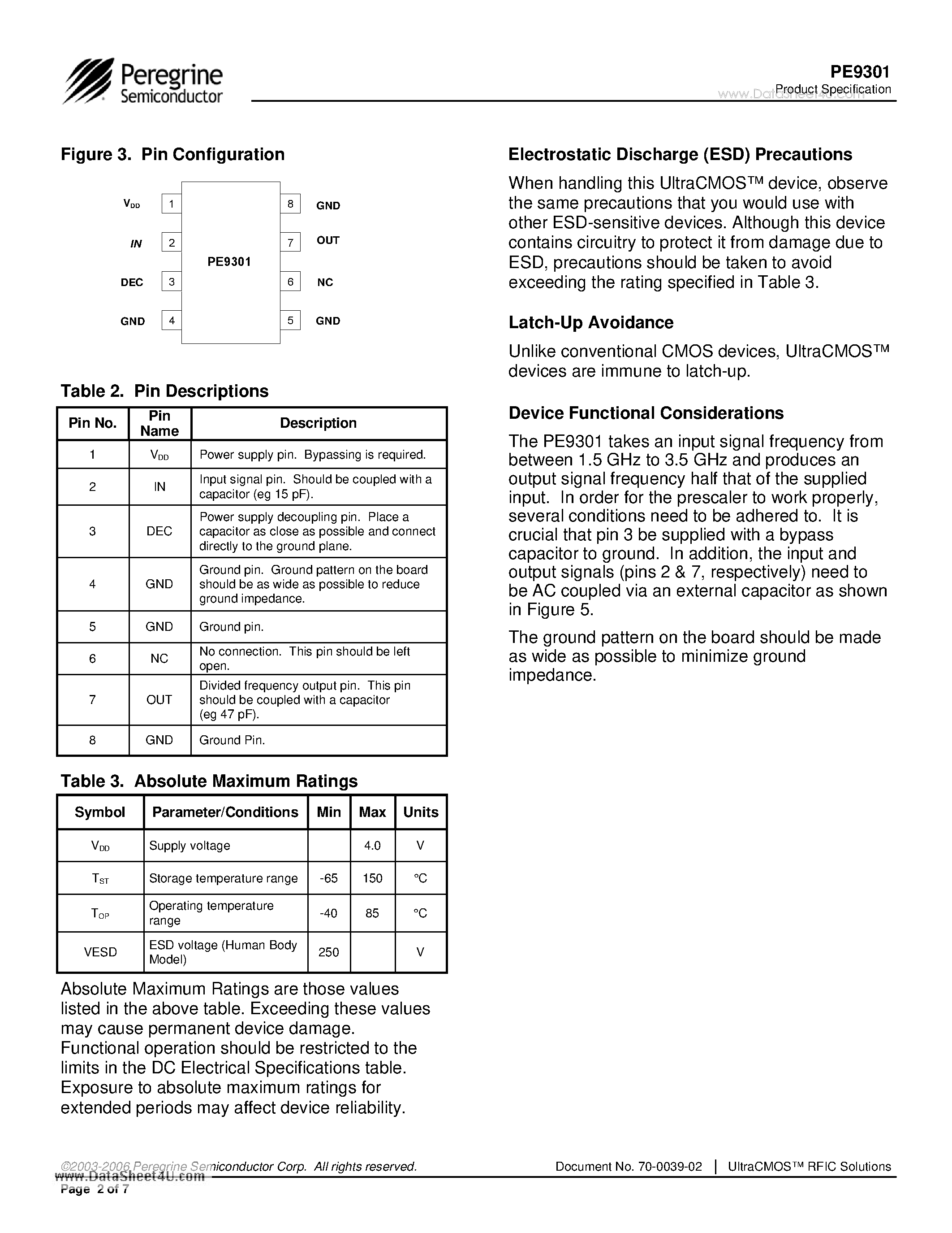 Datasheet PE9301 - 3500 MHz Low Power UltraCMOS Divide-by-2 Prescaler Rad-hard for Space Applications page 2
