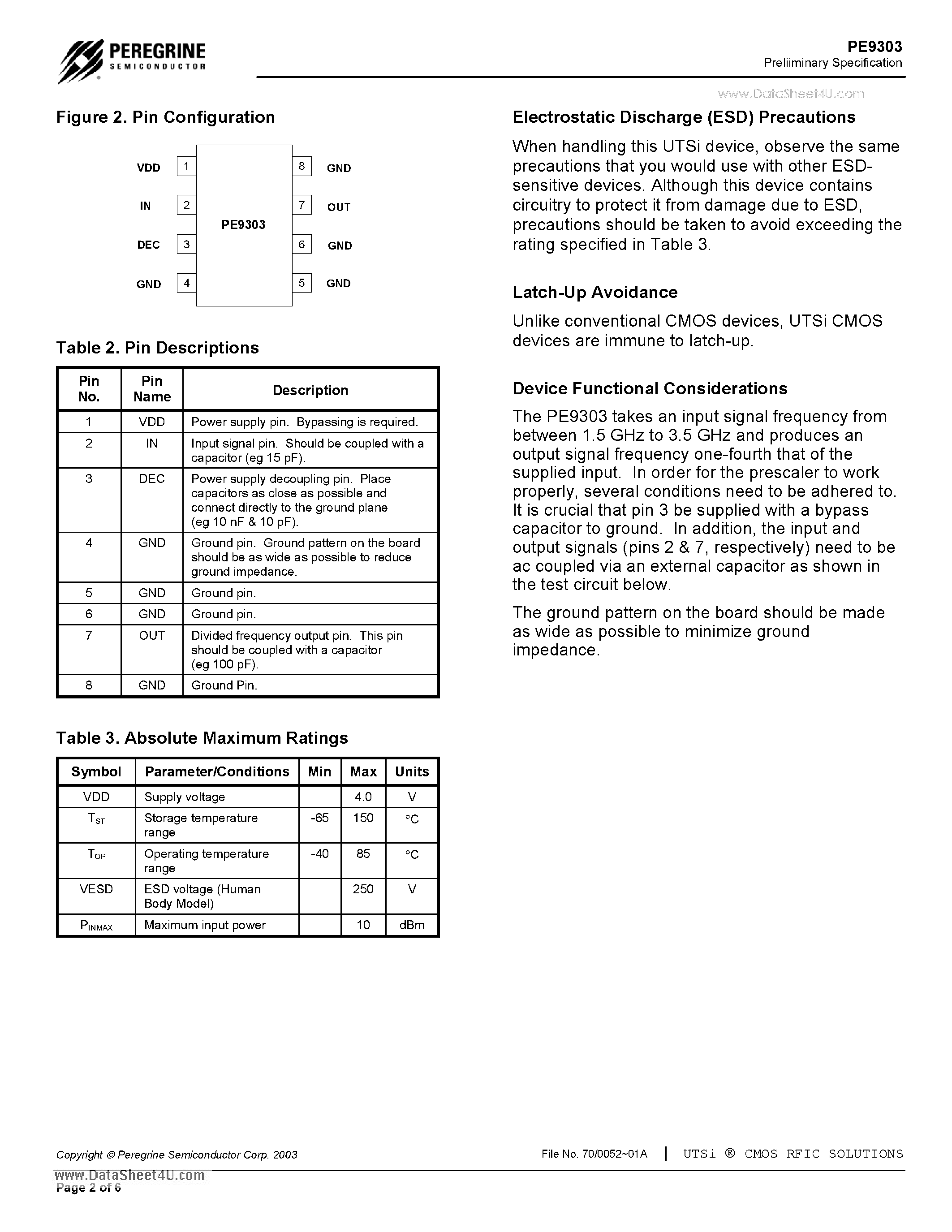 Datasheet PE9303 - 3.5 GHz Low Power CMOS Divide-by-8 Prescaler For RAD-Hard Applications page 2