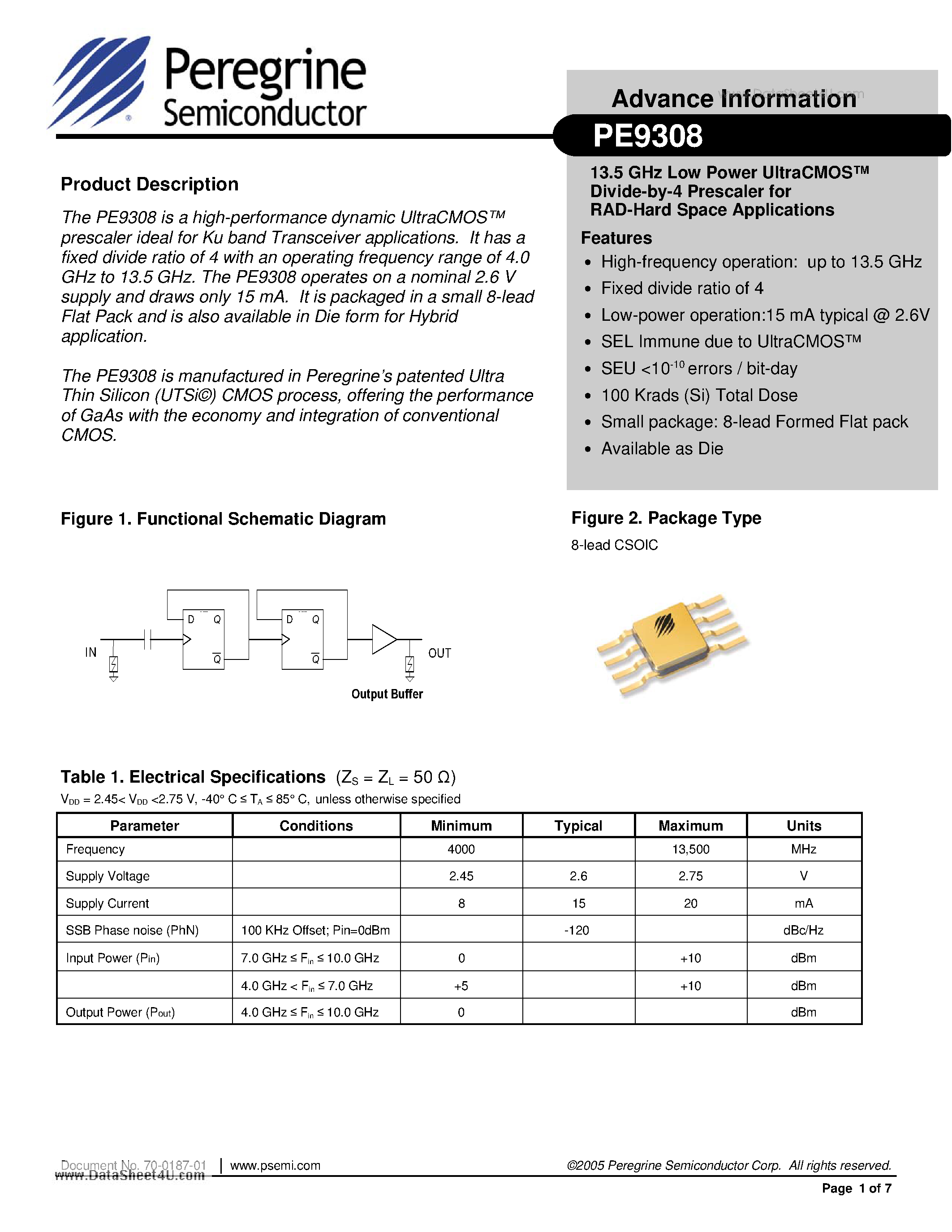 Datasheet PE9308 - 13.5 GHz Low Power UltraCMOS Divide-by-4 Prescaler for RAD-Hard Space Applications page 1