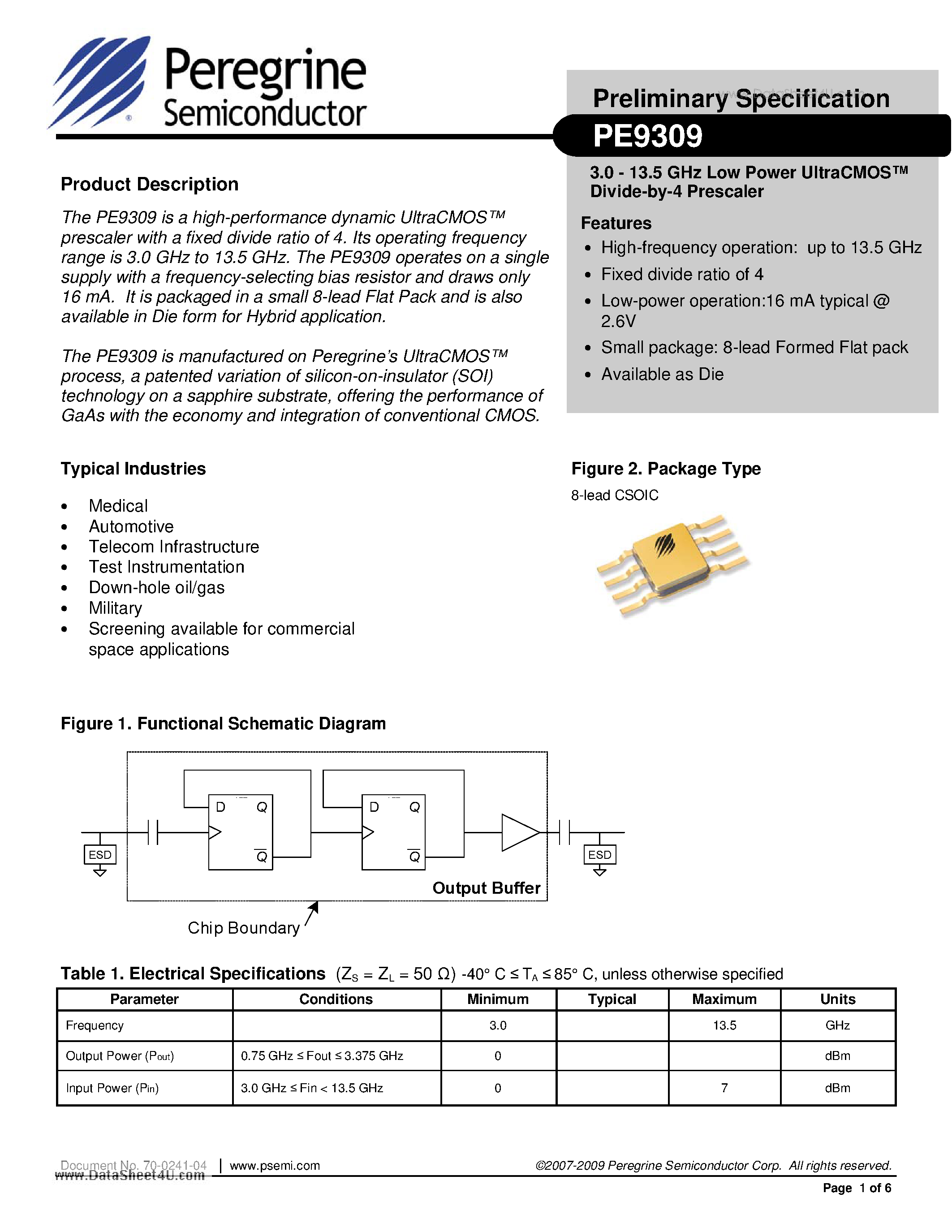 Datasheet PE9309 - 3.0 - 13.5 GHz Low Power UltraCMOS Divide-by-4 Prescaler page 1