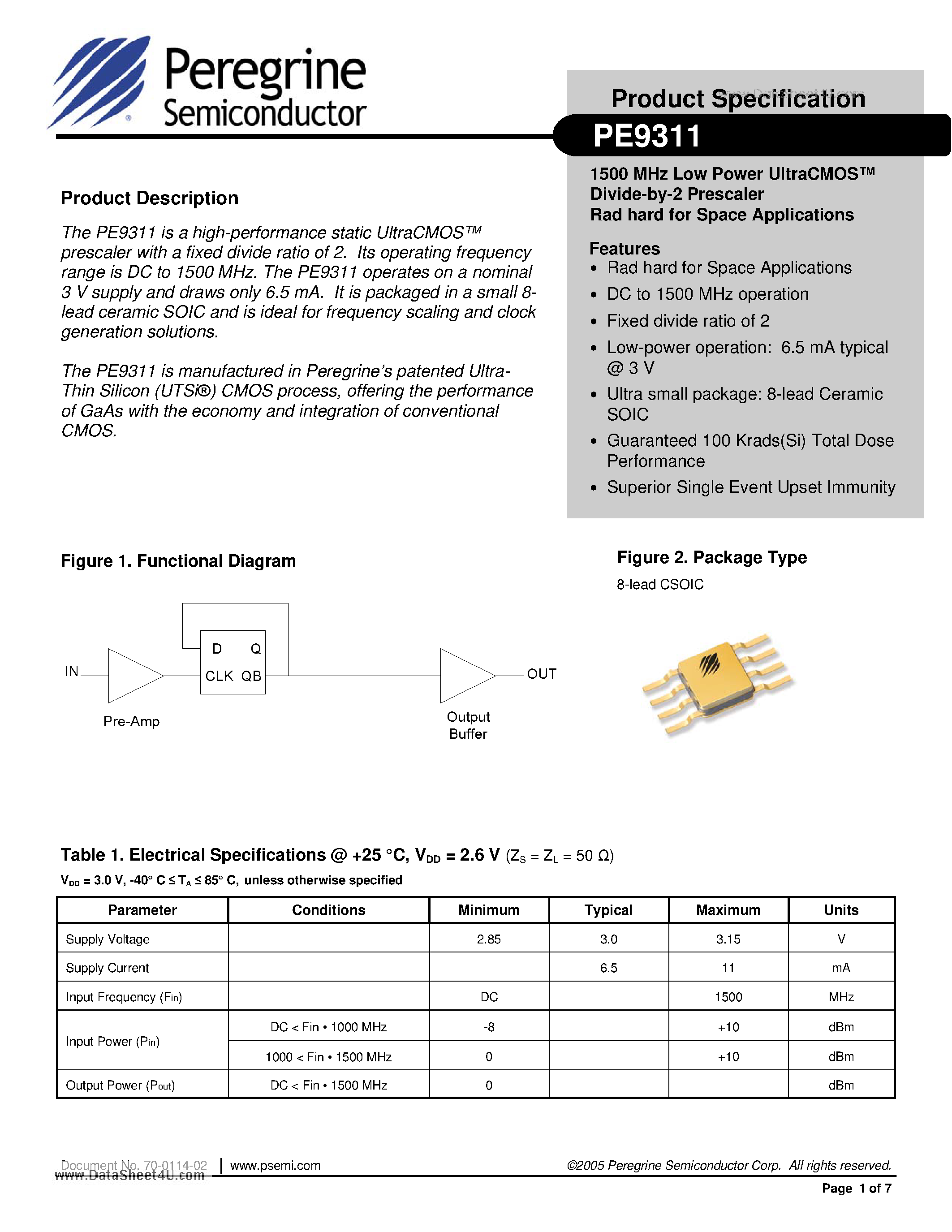 Datasheet PE9311 - 1500 MHz Low Power UltraCMOS Divide-by-2 Prescaler RAD hard for Space Applications page 1