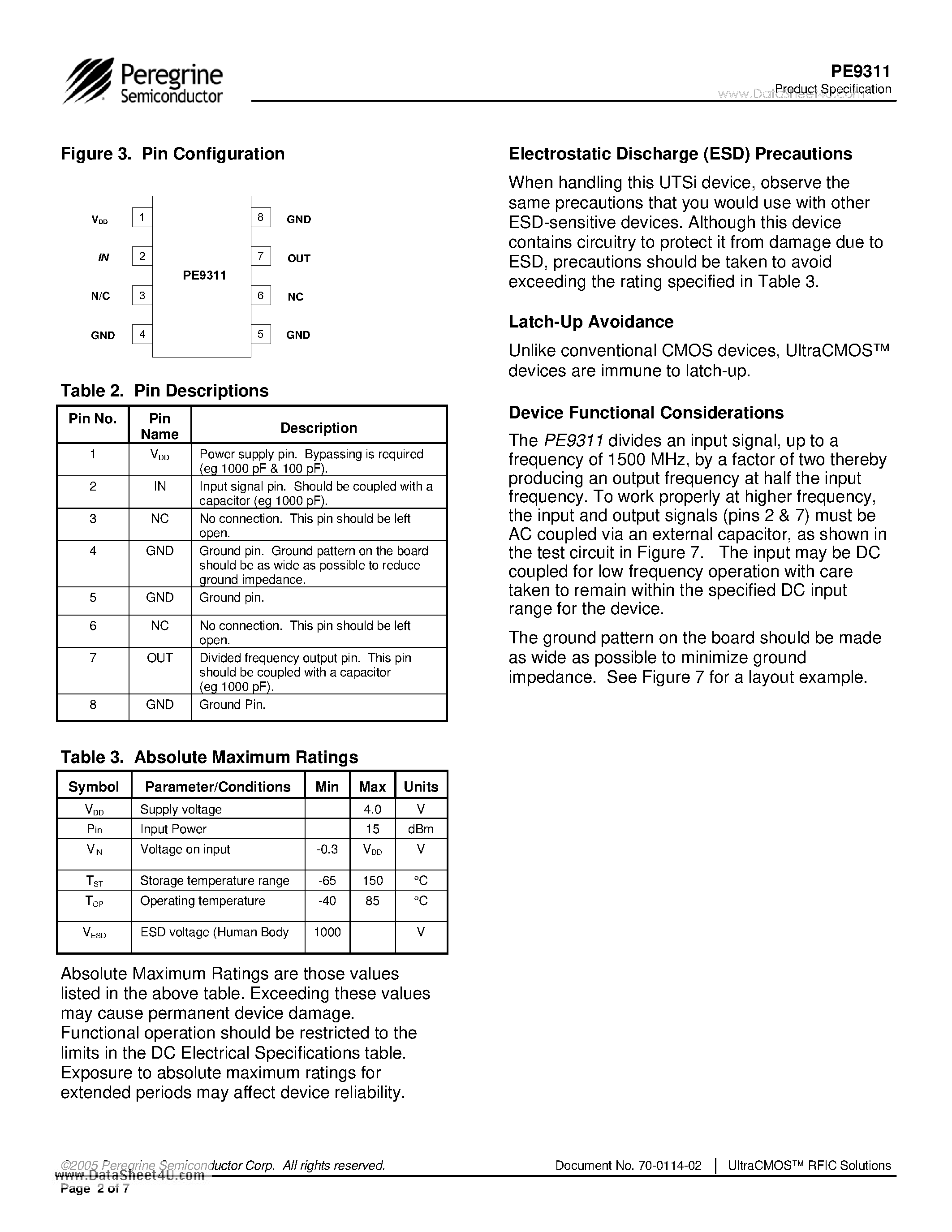 Datasheet PE9311 - 1500 MHz Low Power UltraCMOS Divide-by-2 Prescaler RAD hard for Space Applications page 2