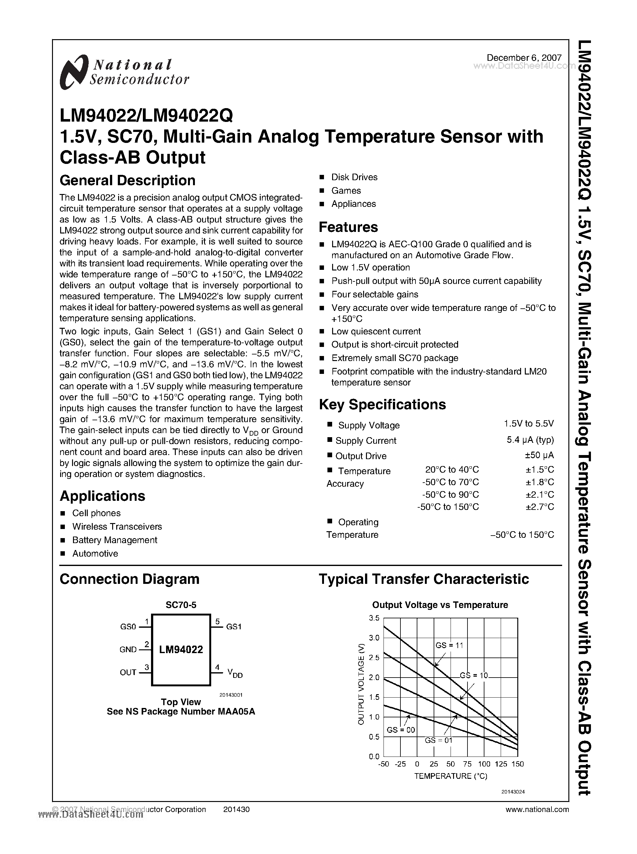 Даташит LM94022 - 1.5V - SC70 / Multi-Gain Analog Temperature Sensor with Class-AB Output страница 1