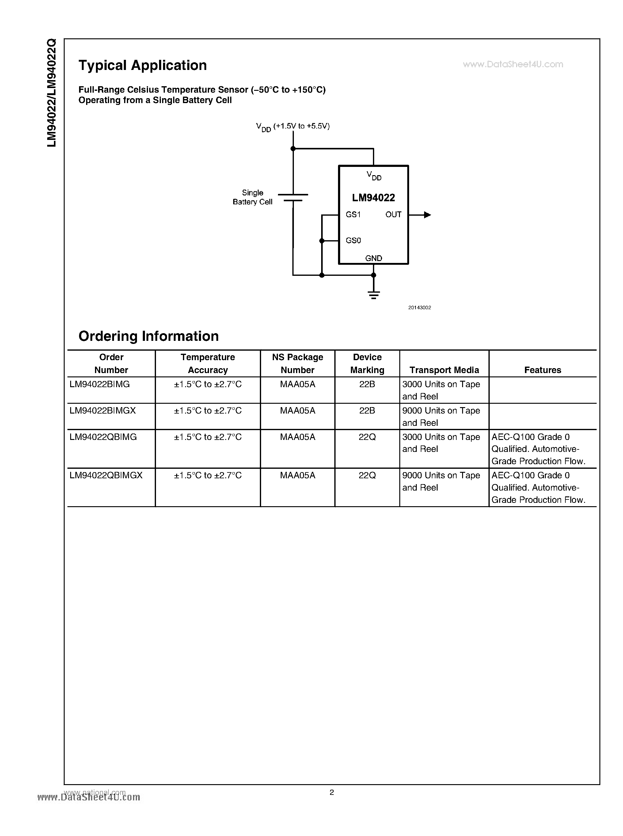 Даташит LM94022 - 1.5V - SC70 / Multi-Gain Analog Temperature Sensor with Class-AB Output страница 2