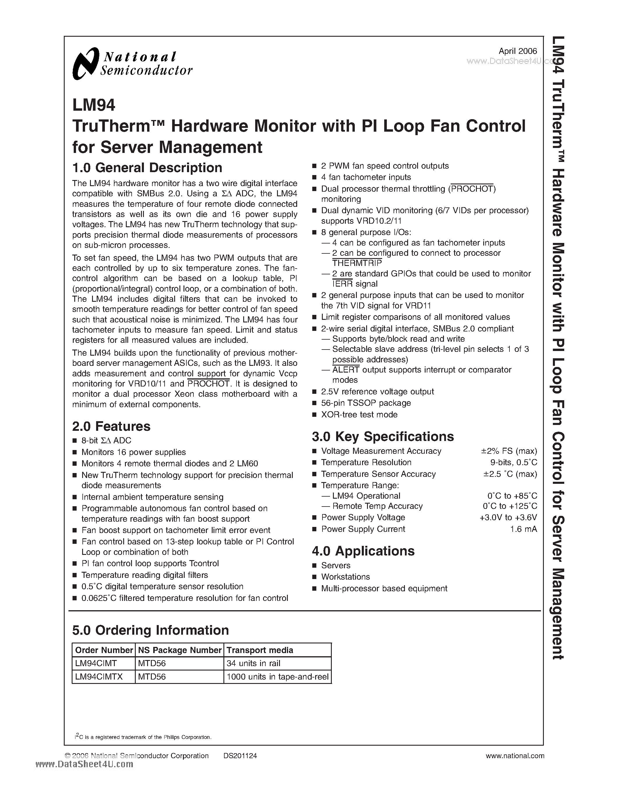 Datasheet LM94 - TruTherm Hardware Monitor with PI Loop Fan Control for Server Management page 1