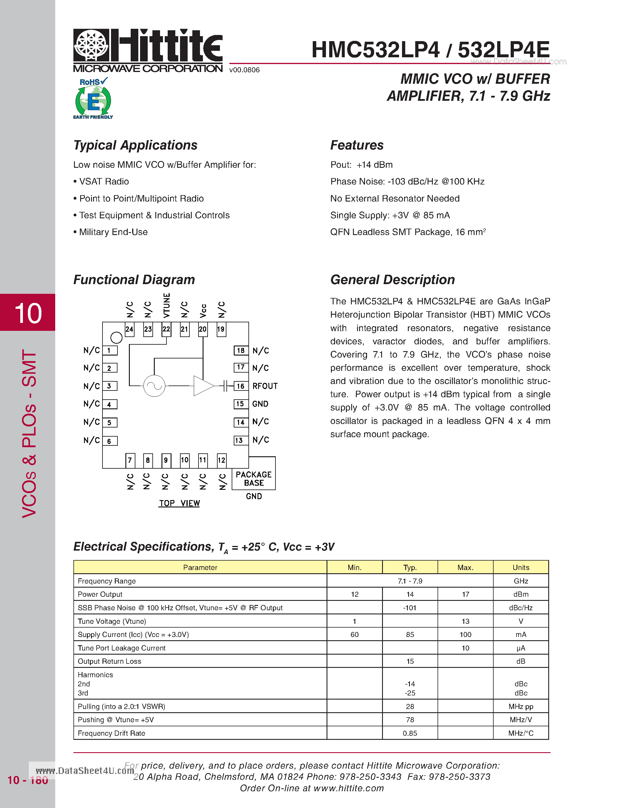 Даташит HMC532LP4 - MMIC VCO w/ BUFFER AMPLIFIER / 7.1 - 7.9 GHz страница 1