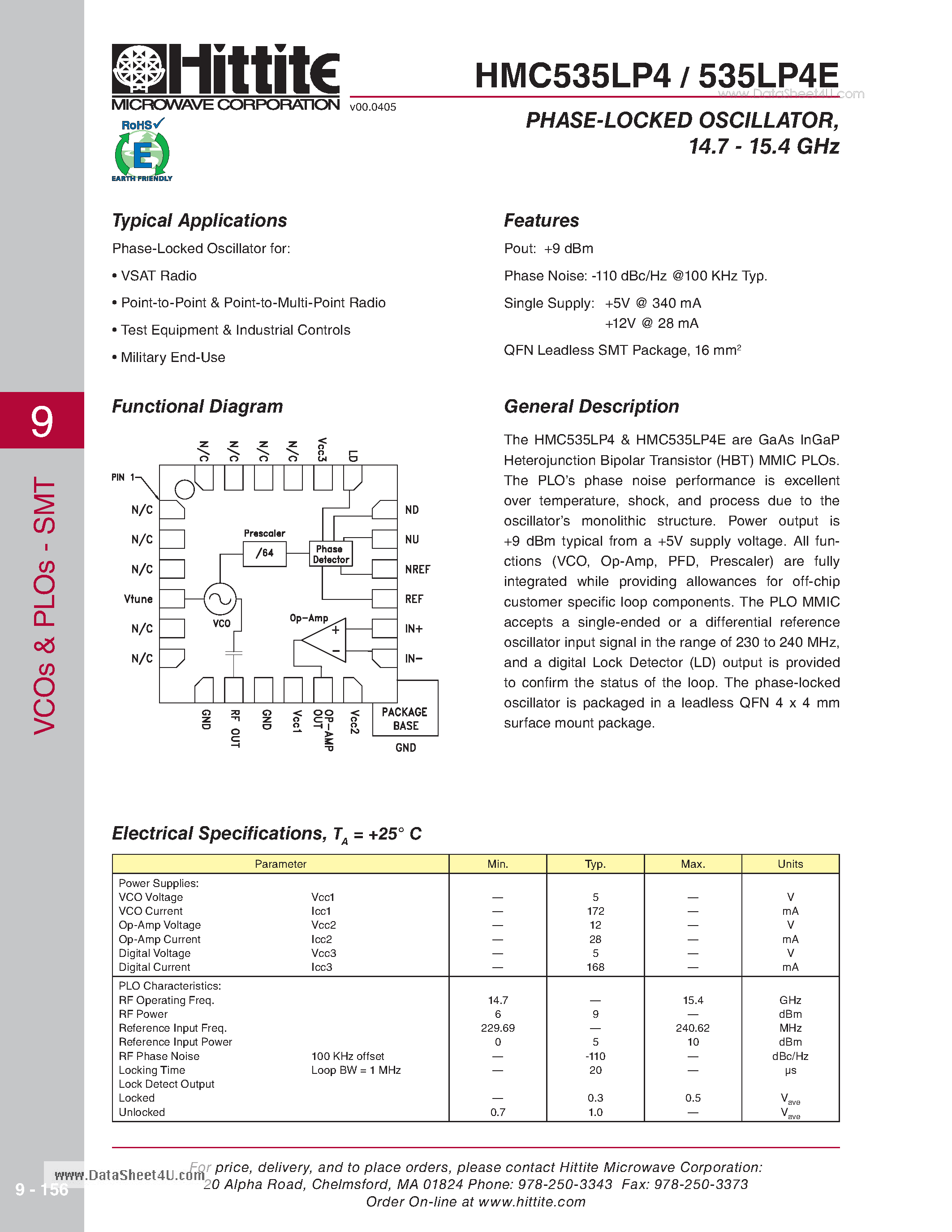 Datasheet HMC535LP4 page 1 Datasheet HMC535LP4 - PHASE-LOCKED OSCILLATOR - 14.7 - 15.4 GHz page 1
