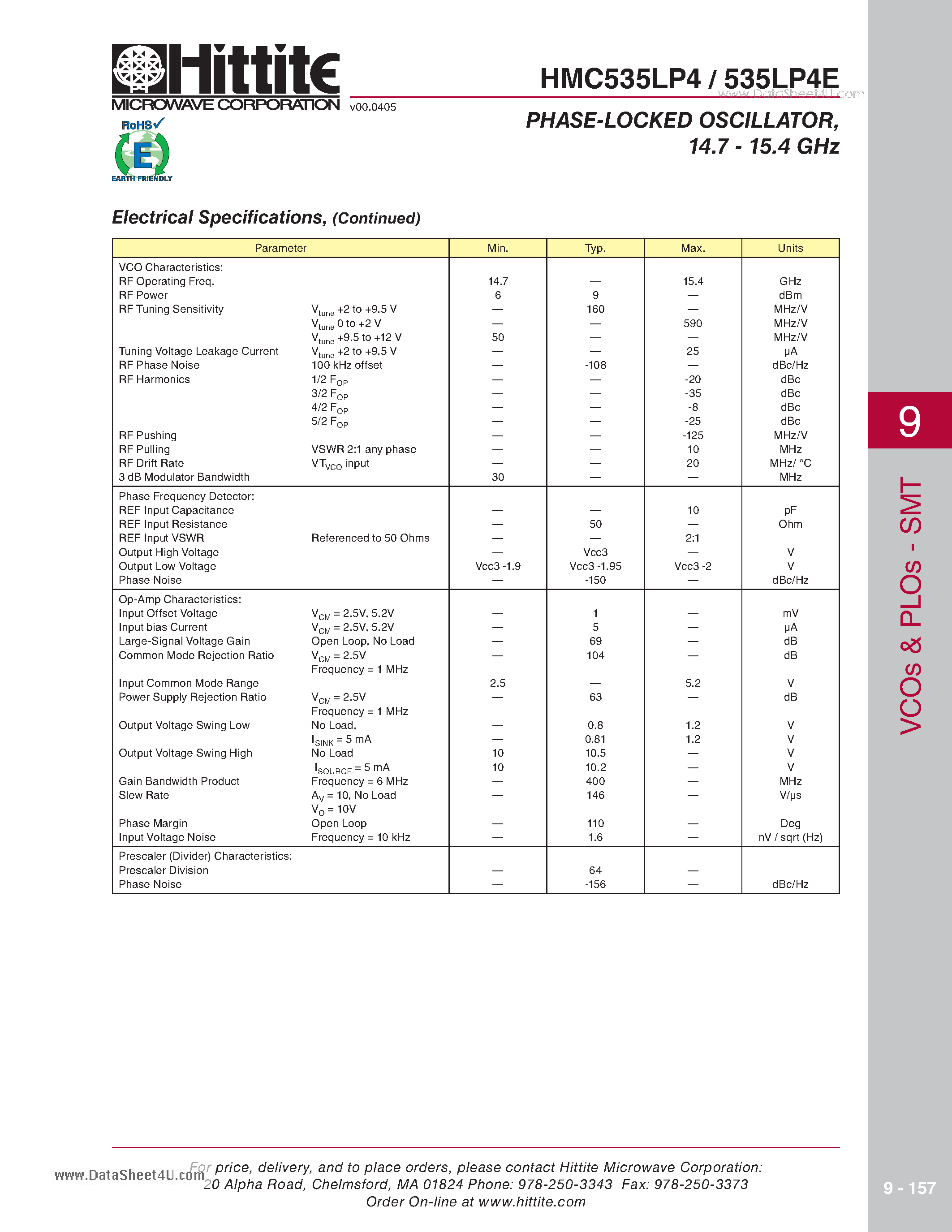 Datasheet HMC535LP4 page 2 Datasheet HMC535LP4 - PHASE-LOCKED OSCILLATOR - 14.7 - 15.4 GHz page 2