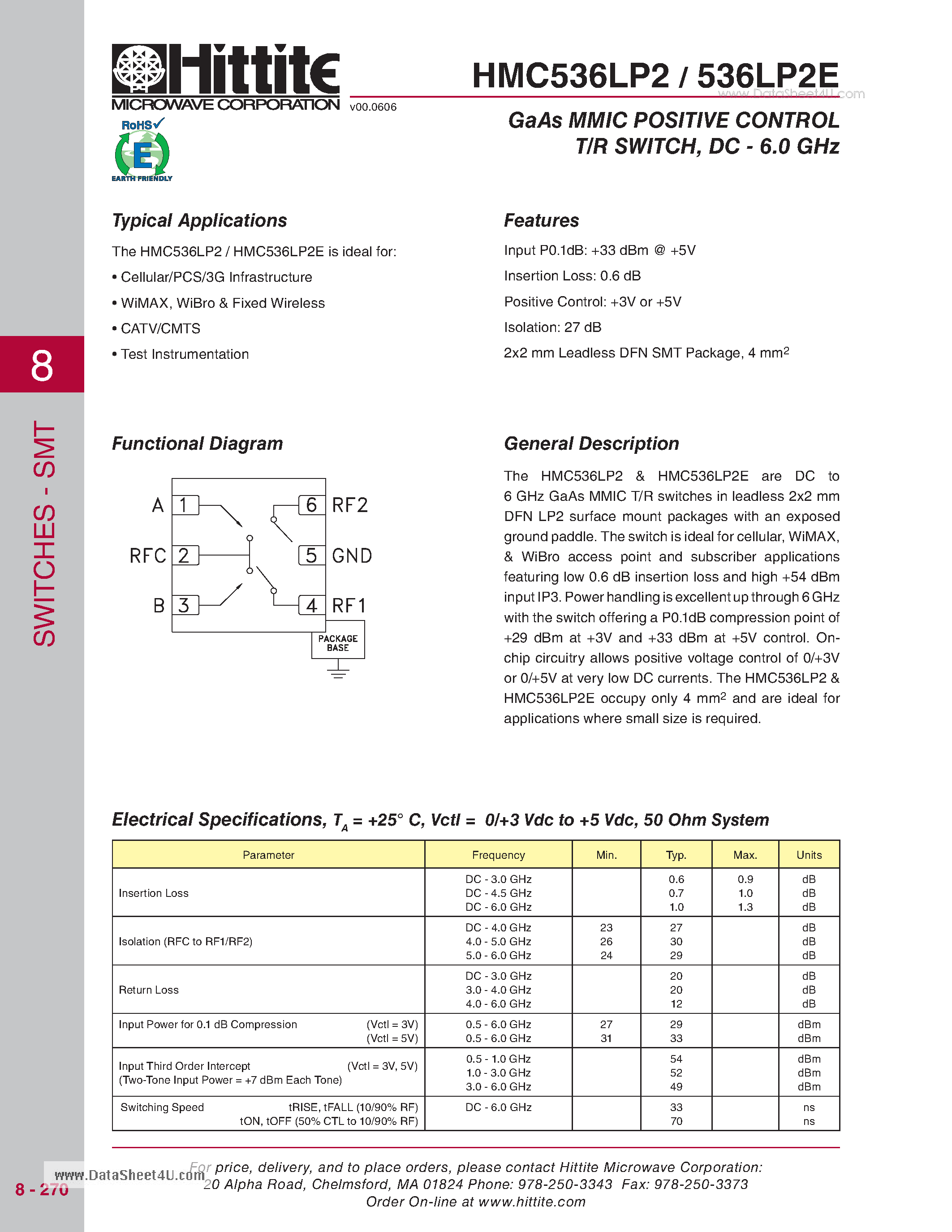 Даташит на микросхему HMC536LP2 страница 1 Даташит HMC536LP2 - GaAs MMIC POSITIVE CONTROL T/R SWITCH - DC - 6.0 GHz страница 1