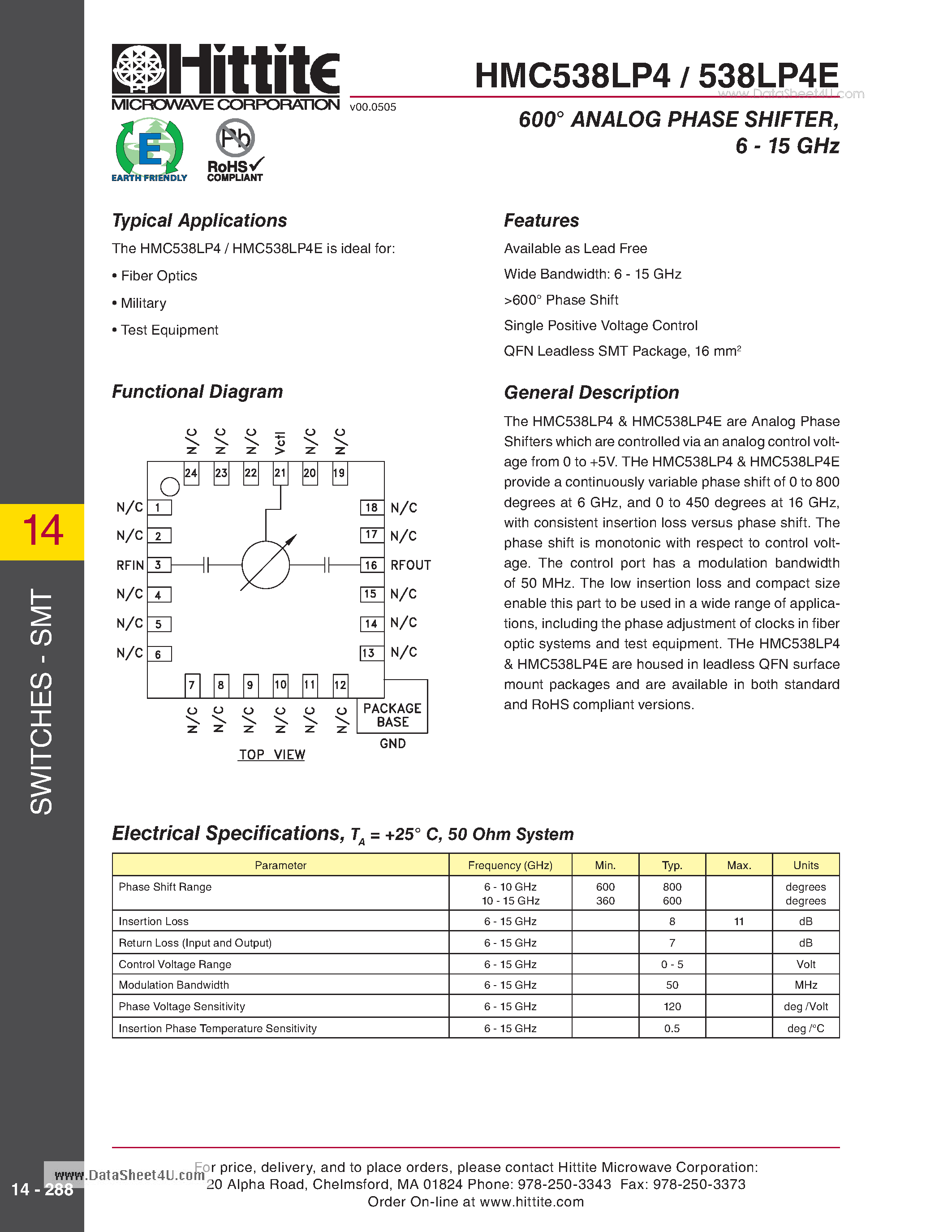 Datasheet HMC538LP4 page 1 Datasheet HMC538LP4 - 600c ANALOG PHASE SHIFTER - 6 - 15 GHz page 1