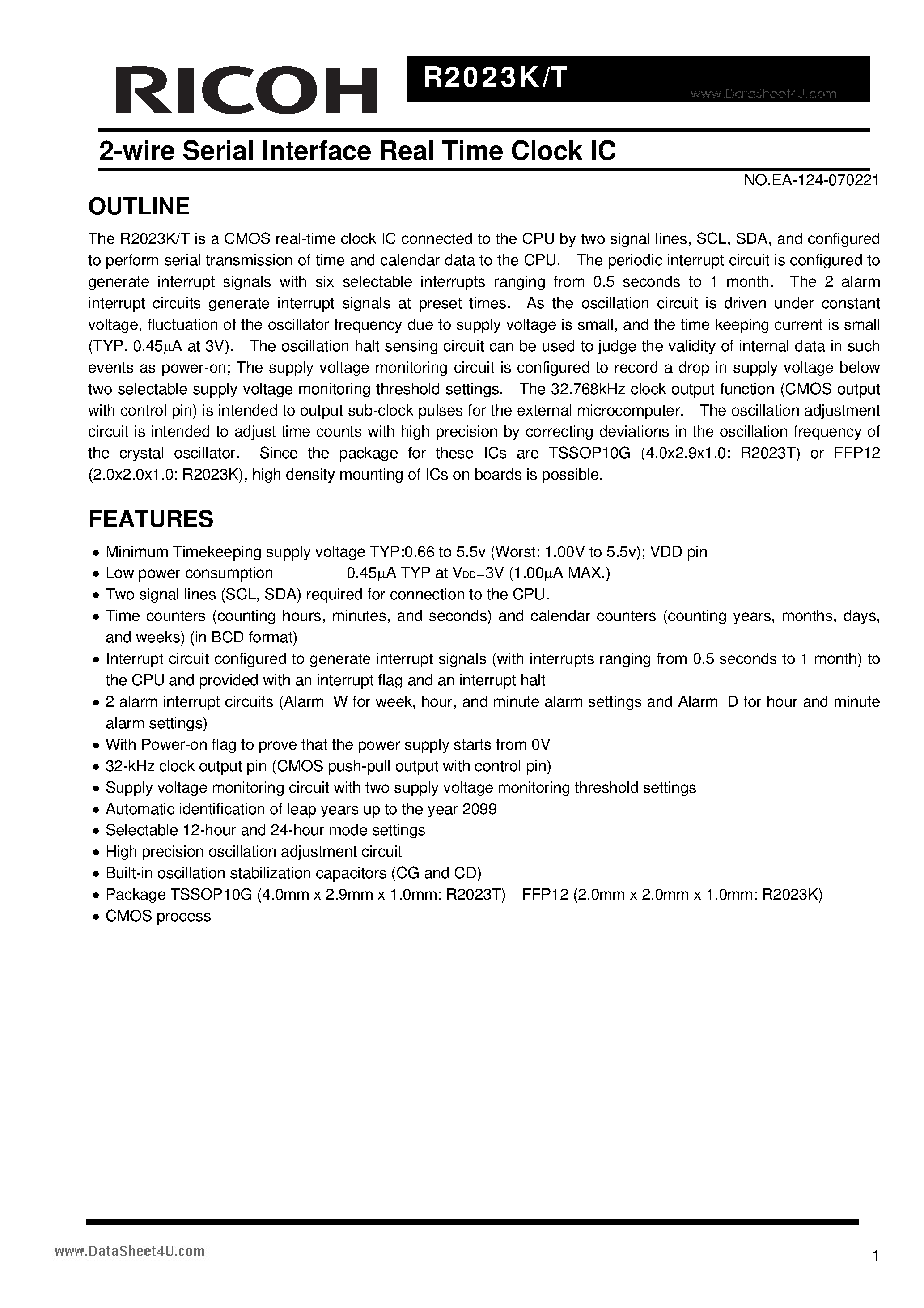 Datasheet R2023K - 2-wire Serial Interface Real Time Clock IC page 1