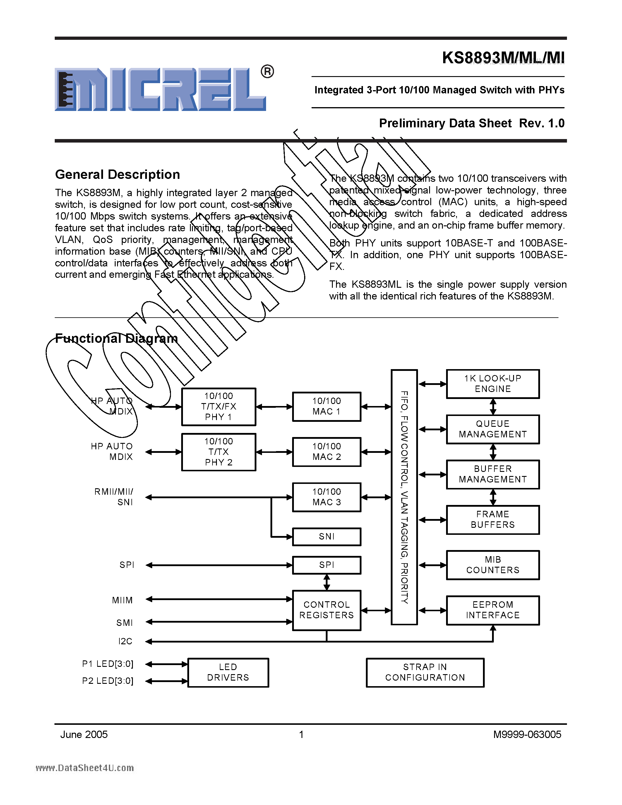 Datasheet KS8893MI - Integrated 3-Port 10/100 Managed Switch page 1