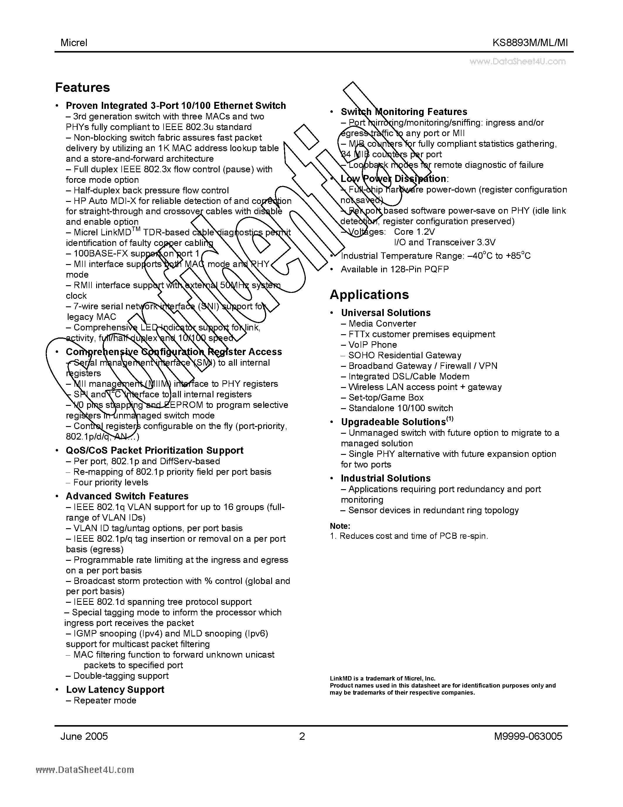 Datasheet KS8893MI - Integrated 3-Port 10/100 Managed Switch page 2