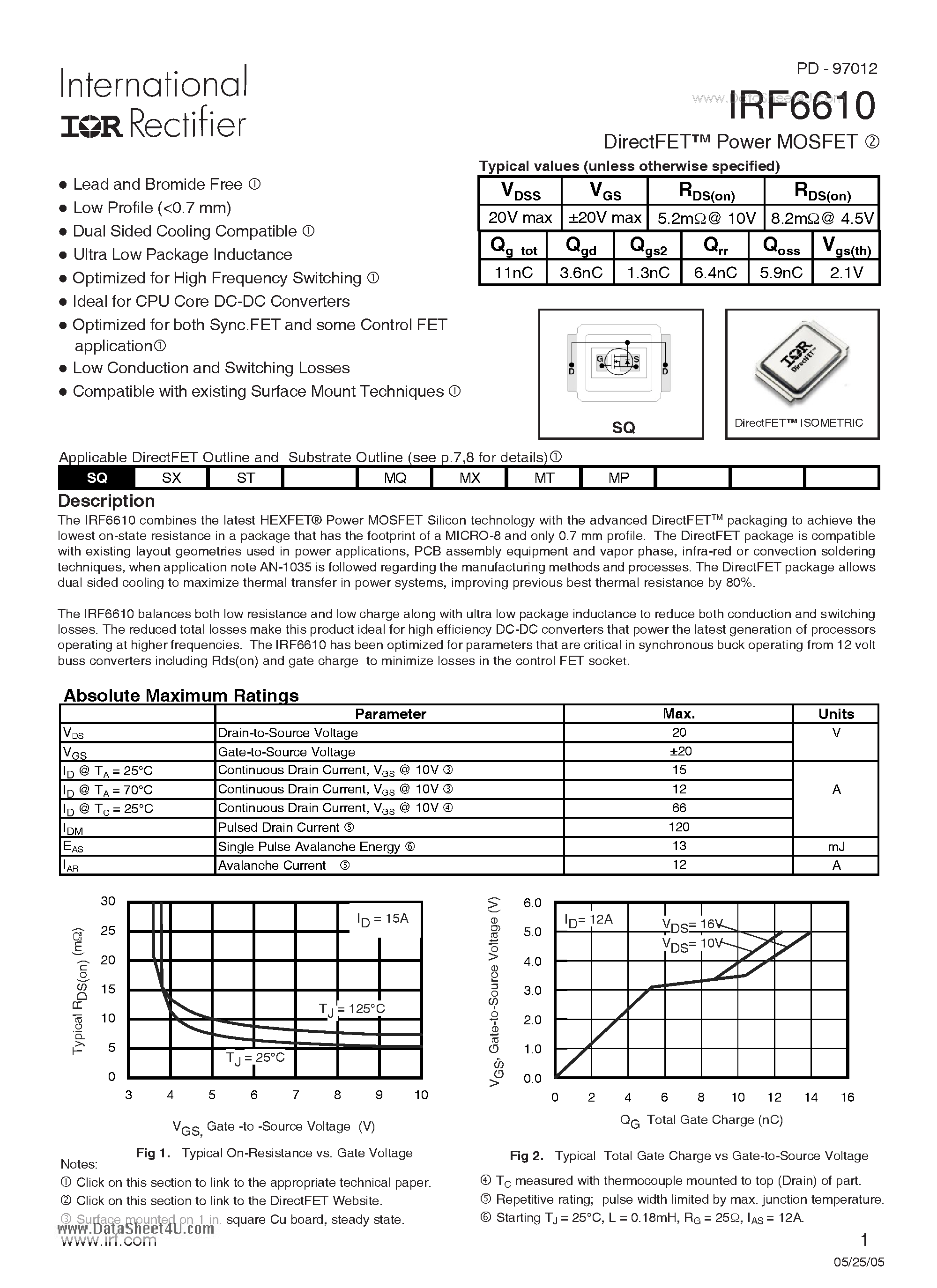 Даташит IRF6610 - HEXFET Power MOSFET Silicon Technology страница 1