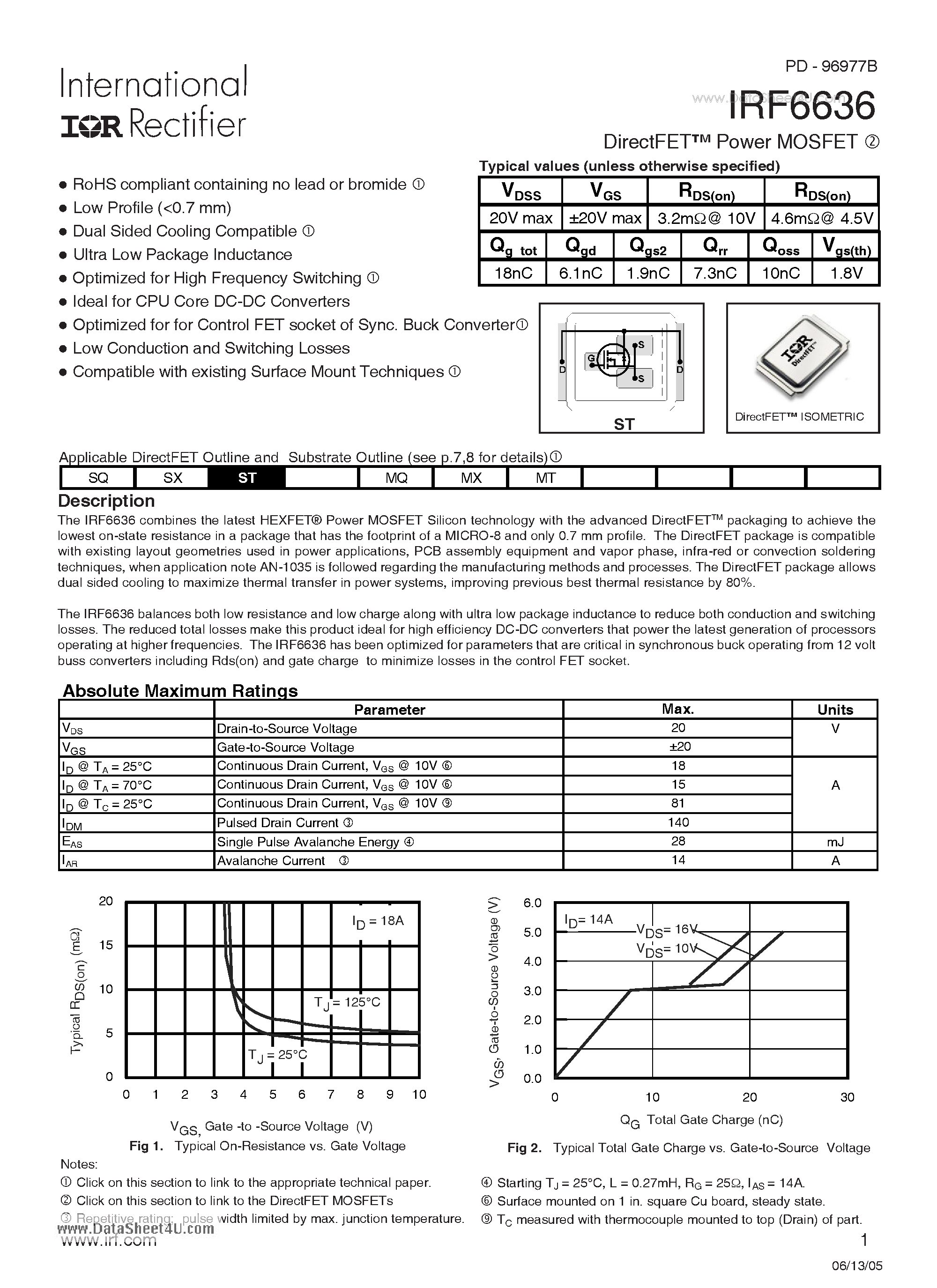 Даташит IRF6636 - Low Resistance and Low Charge Along With Ultra Low Package Inductance to Reduce страница 1