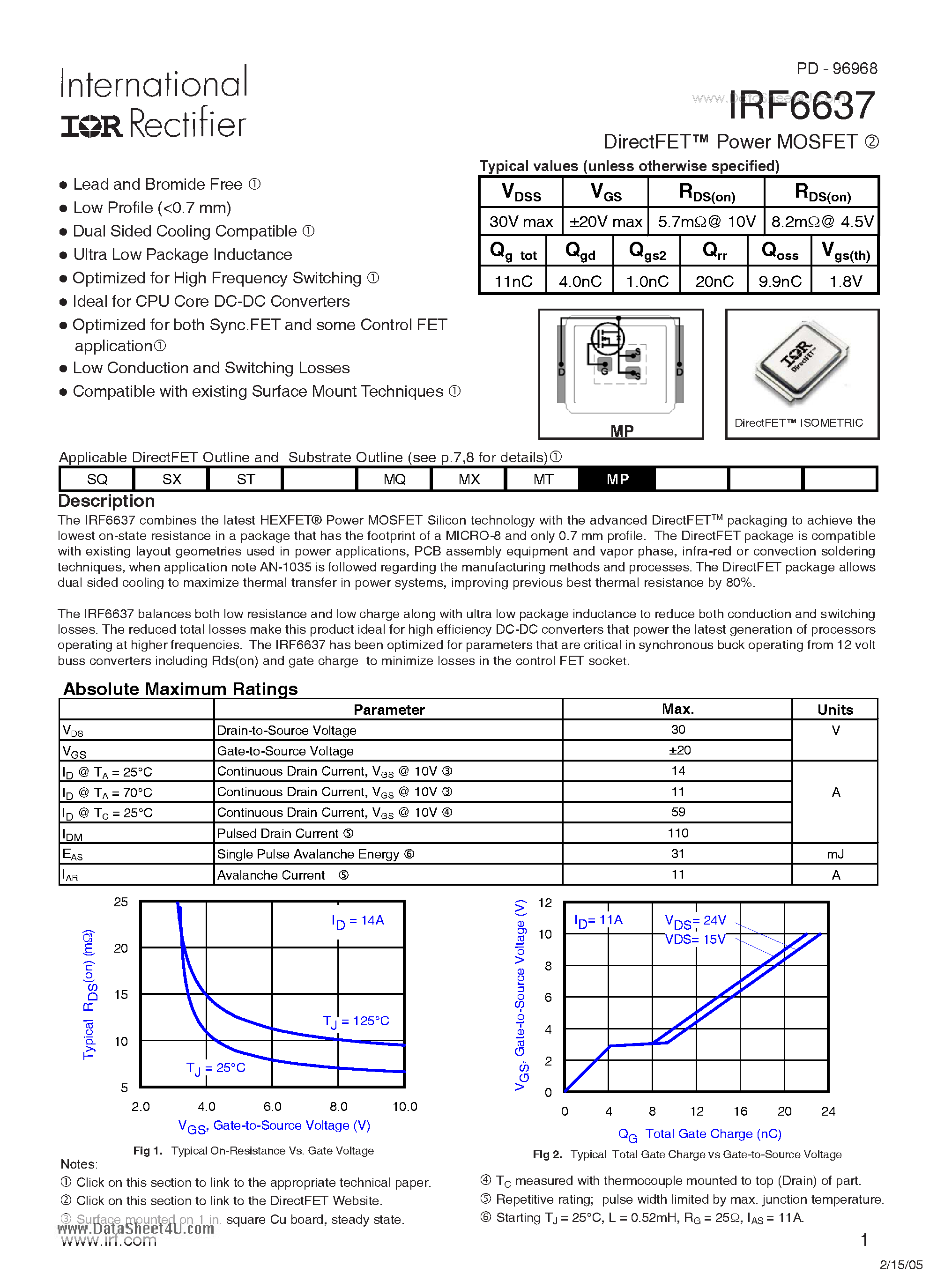 Datasheet IRF6637 - DirectFET Power MOSFET page 1