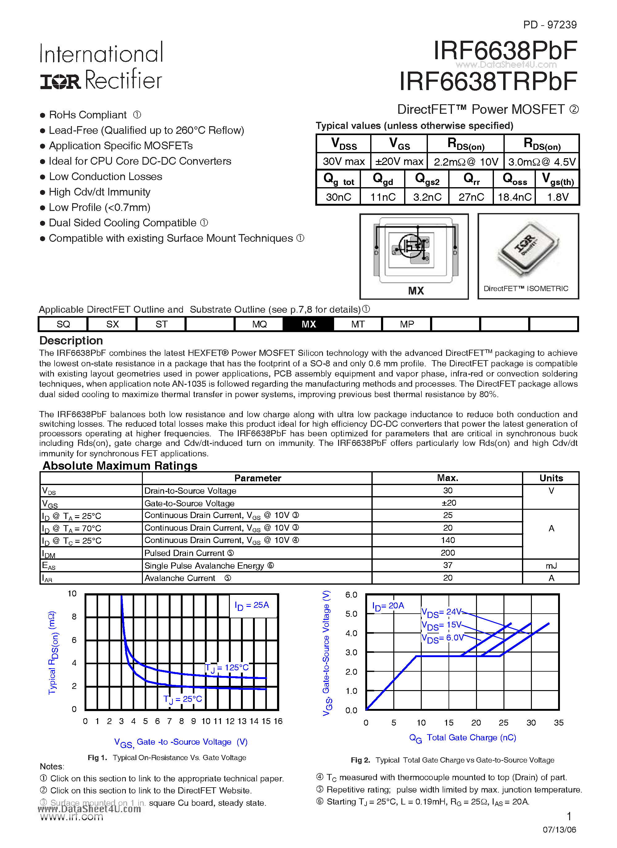 Datasheet IRF6638PbF - DirectFET Power MOSFET page 1