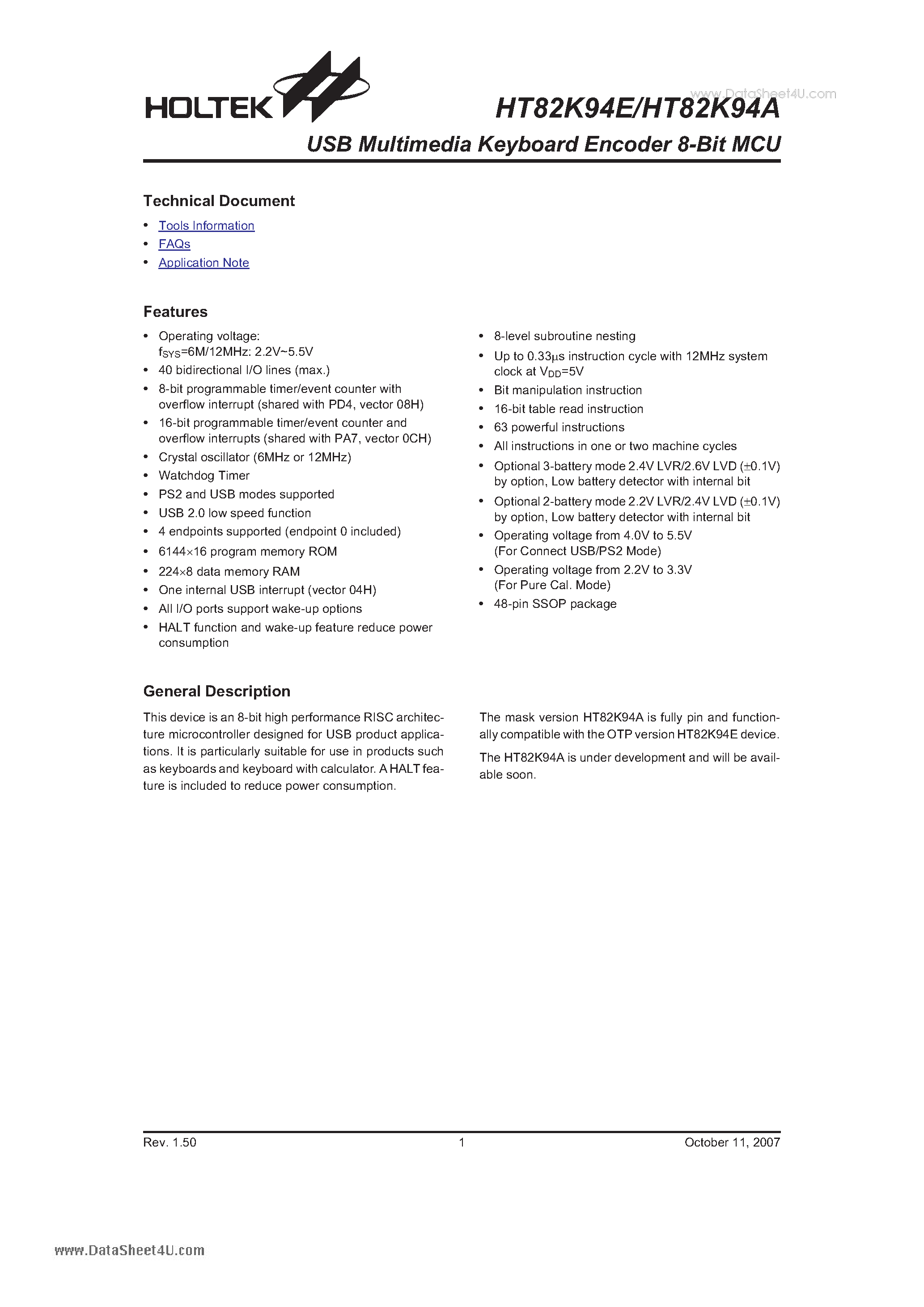 Datasheet HT82K94A - USB Multimedia Keyboard Encoder 8-Bit MCU page 1