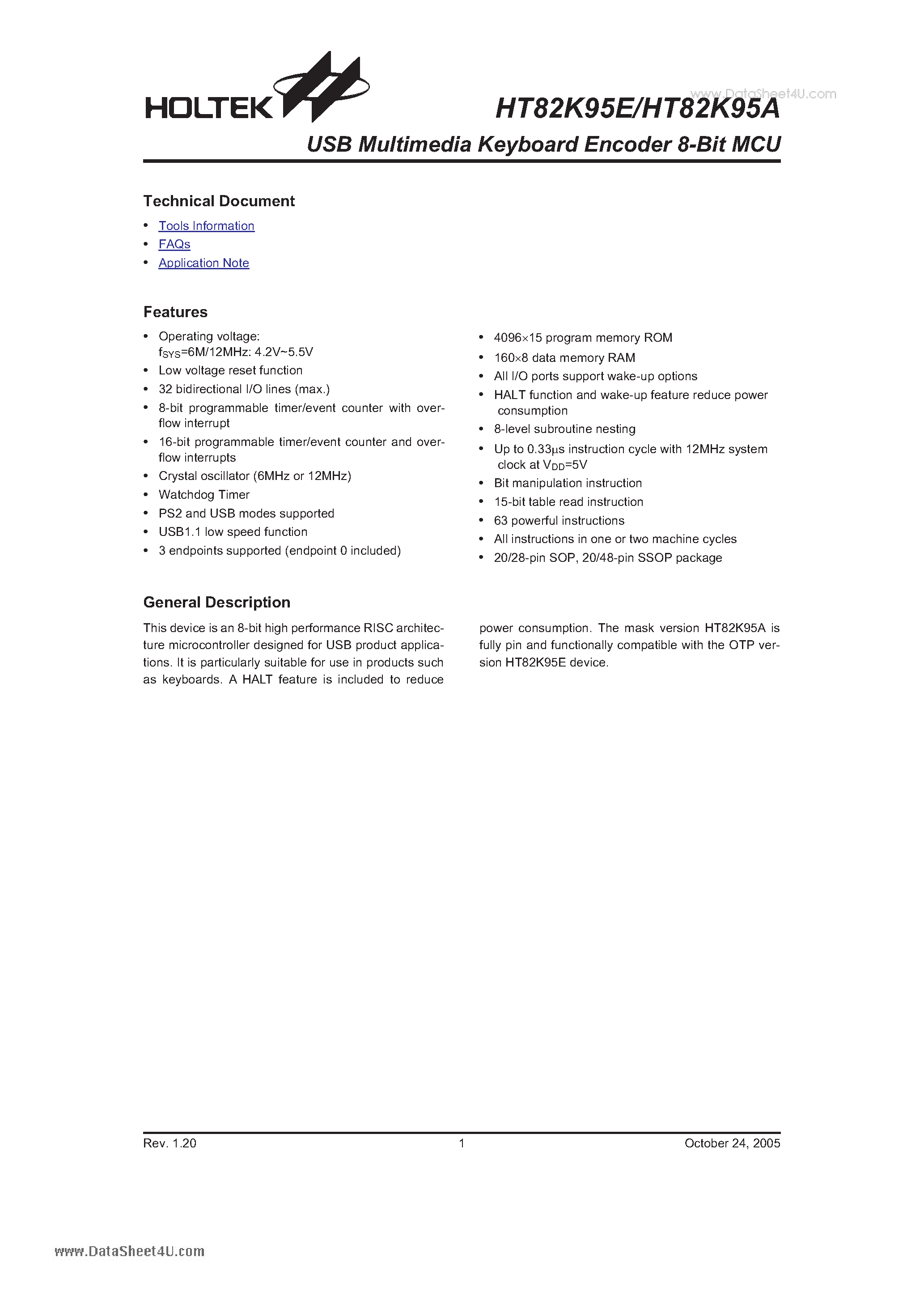 Datasheet HT82K95A - USB Multimedia Keyboard Encoder 8-Bit MCU page 1