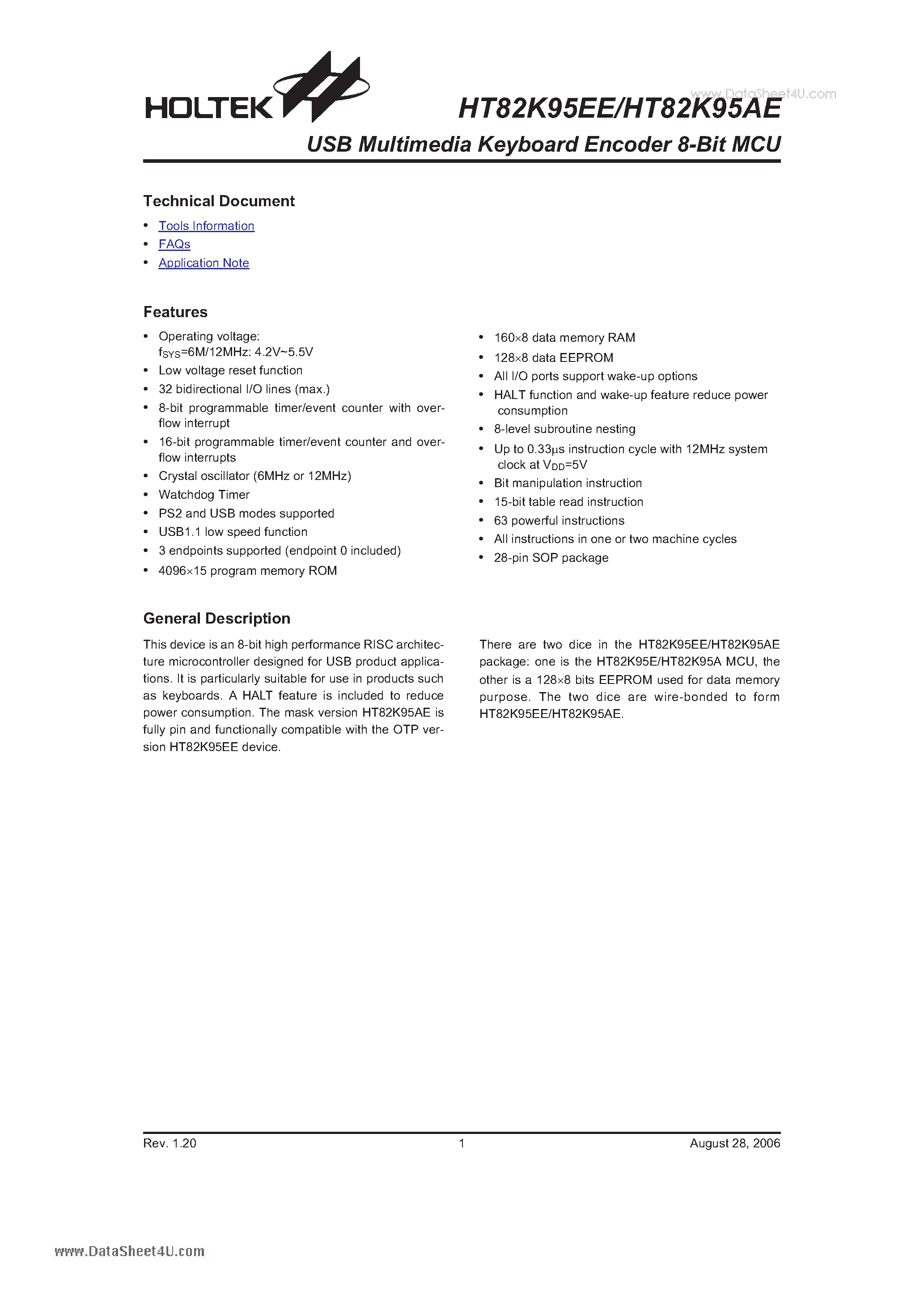 Datasheet HT82K95EE - USB Multimedia Keyboard Encoder 8-Bit MCU page 1
