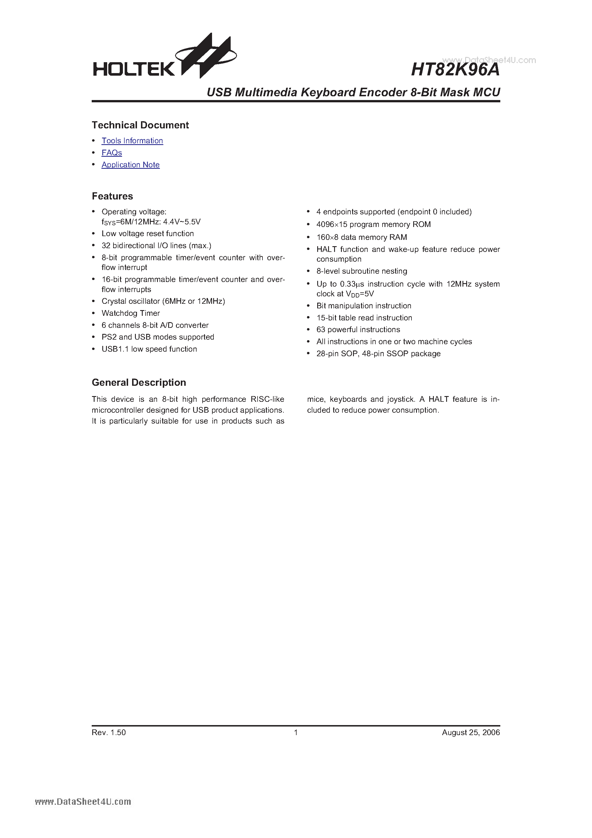 Datasheet HT82K96A - USB Multimedia Keyboard Encoder 8-Bit Mask MCU page 1