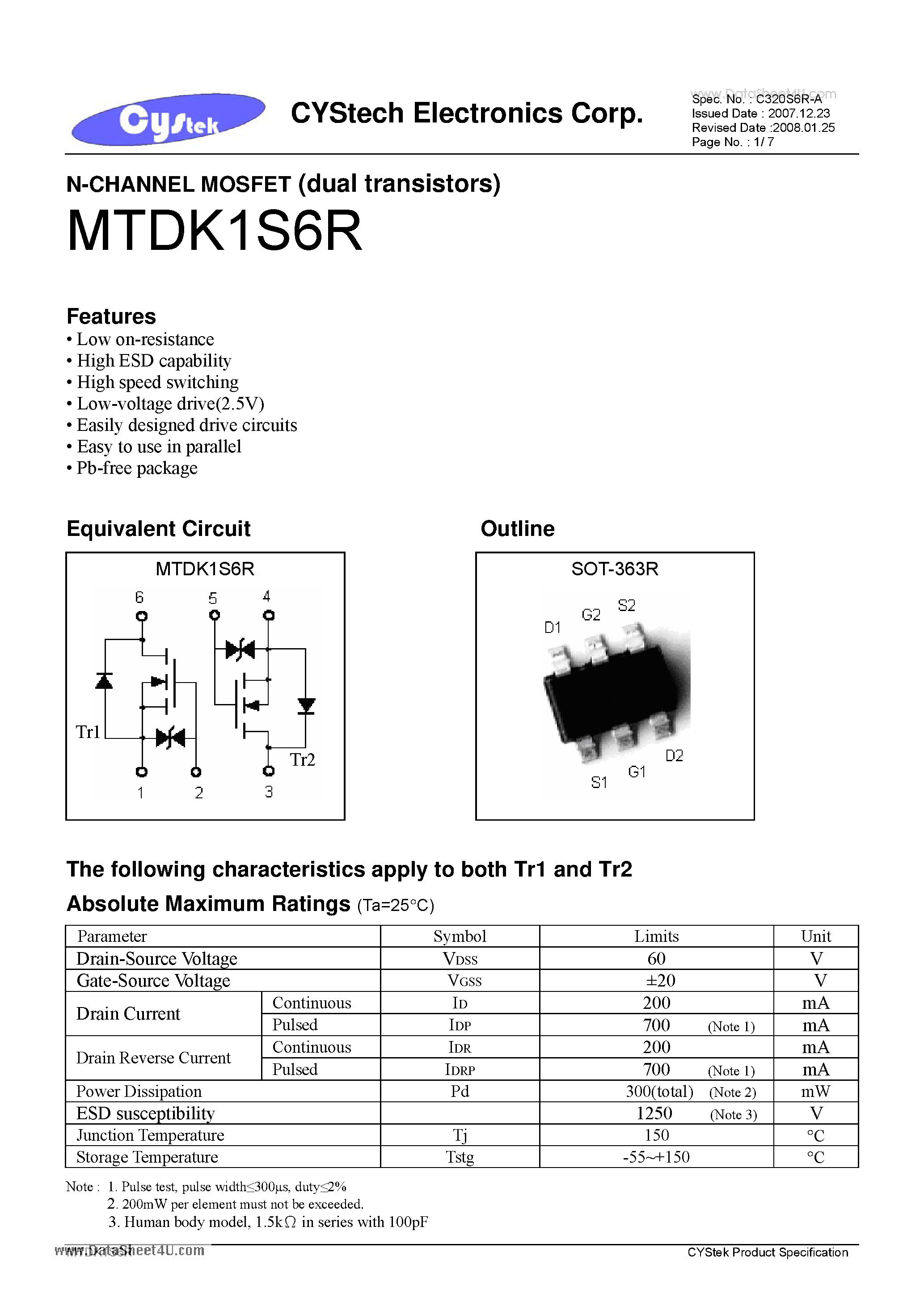 Datasheet MTDK1S6R - N-CHANNEL MOSFET (dual transistors) page 1