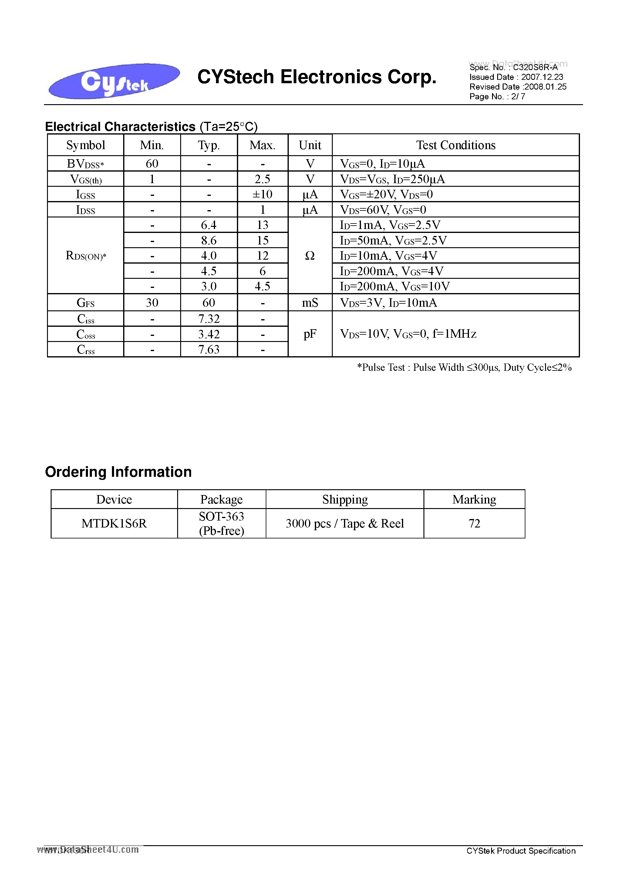 Datasheet MTDK1S6R - N-CHANNEL MOSFET (dual transistors) page 2