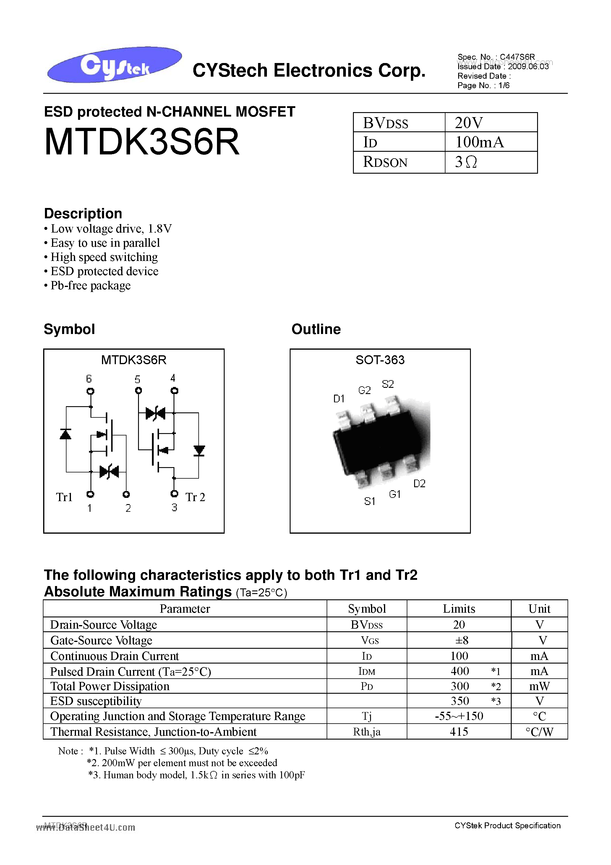 Datasheet MTDK3S6R - ESD protected N-CHANNEL MOSFET page 1