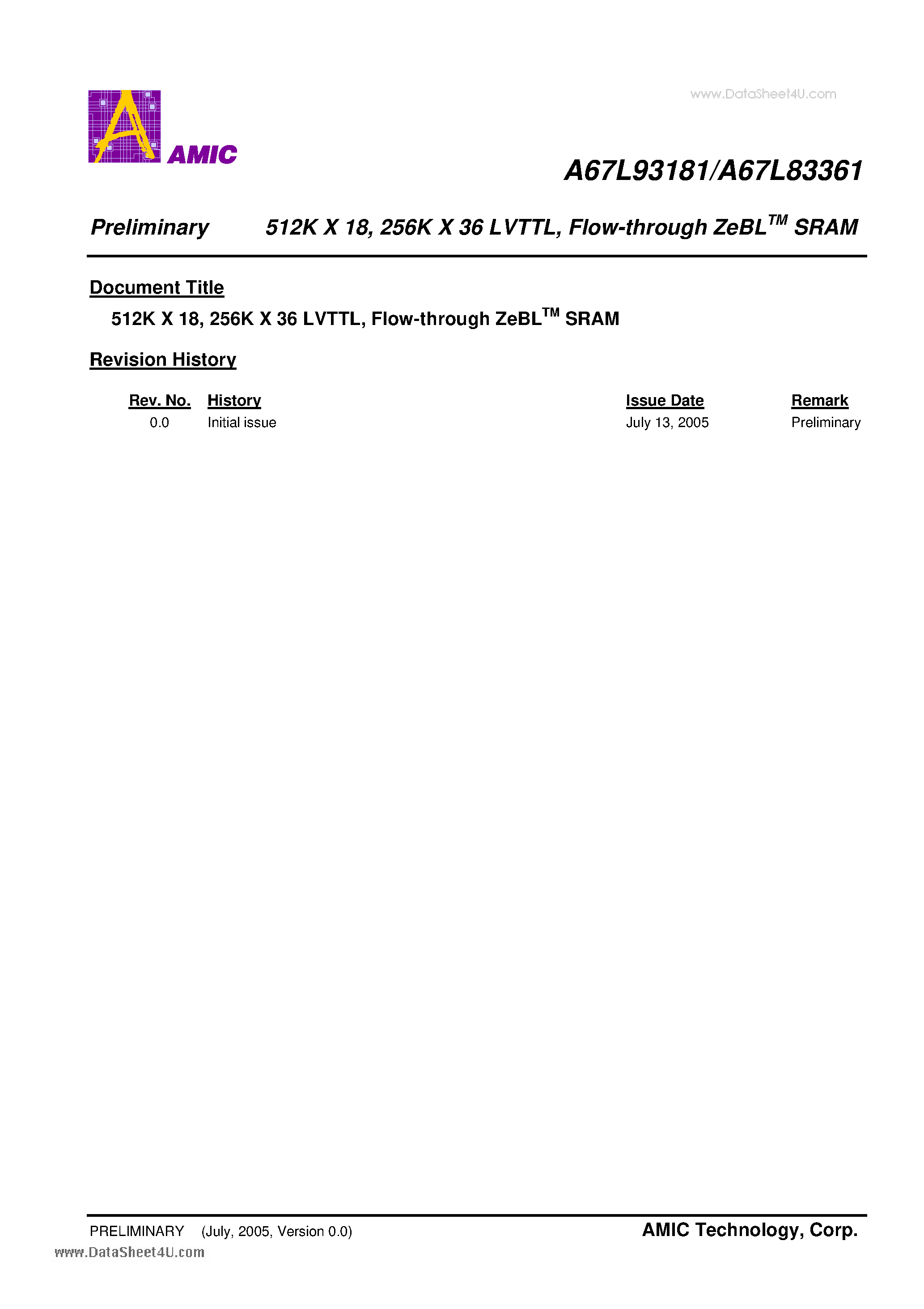 Datasheet A67L83361 - 512K X 18- 256K X 36 LVTTL / Flow-through ZeBL SRAM page 1