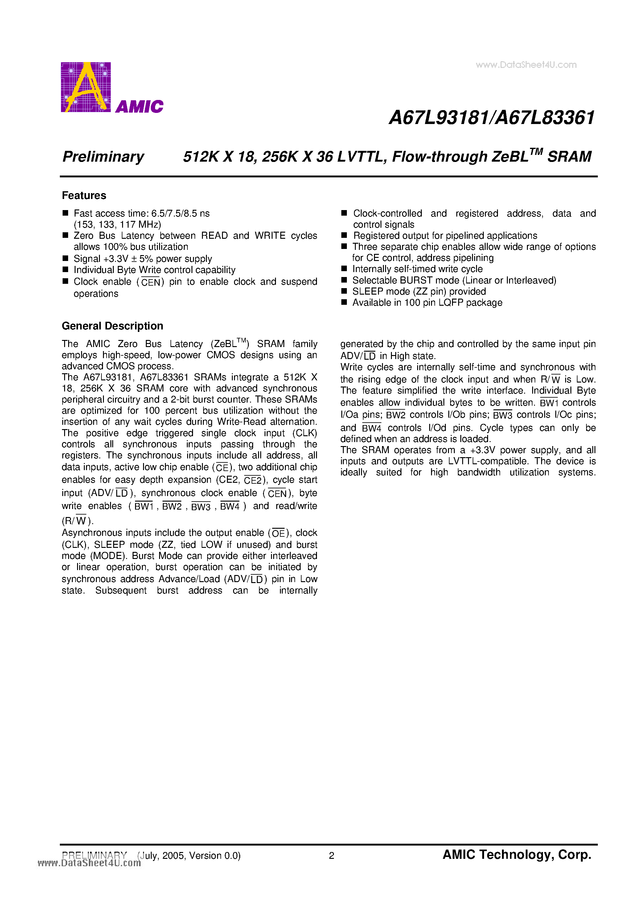 Datasheet A67L83361 - 512K X 18- 256K X 36 LVTTL / Flow-through ZeBL SRAM page 2