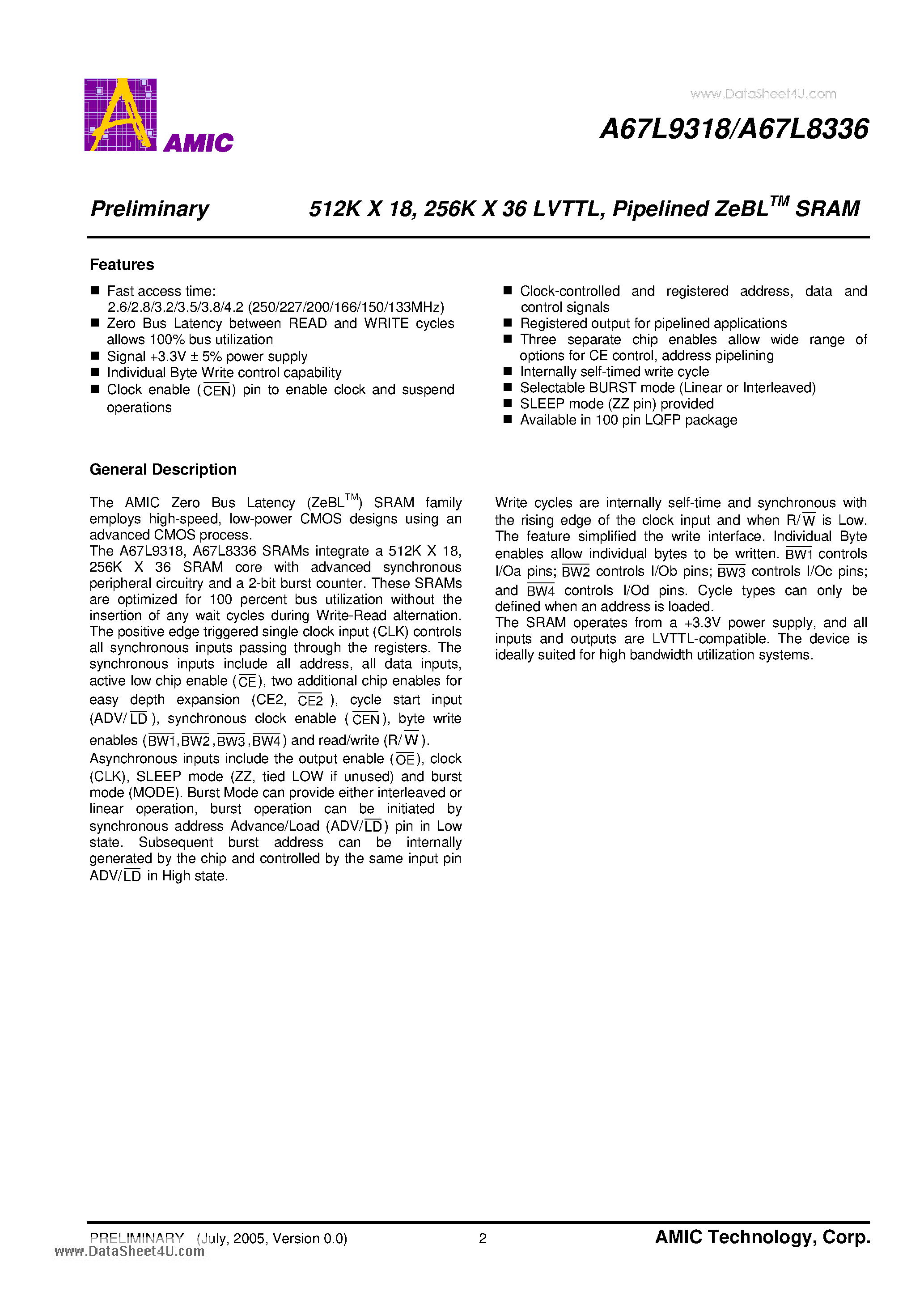 Datasheet A67L8336 - 512K X 18- 256K X 36 LVTTL / Pipelined ZeBL SRAM page 2