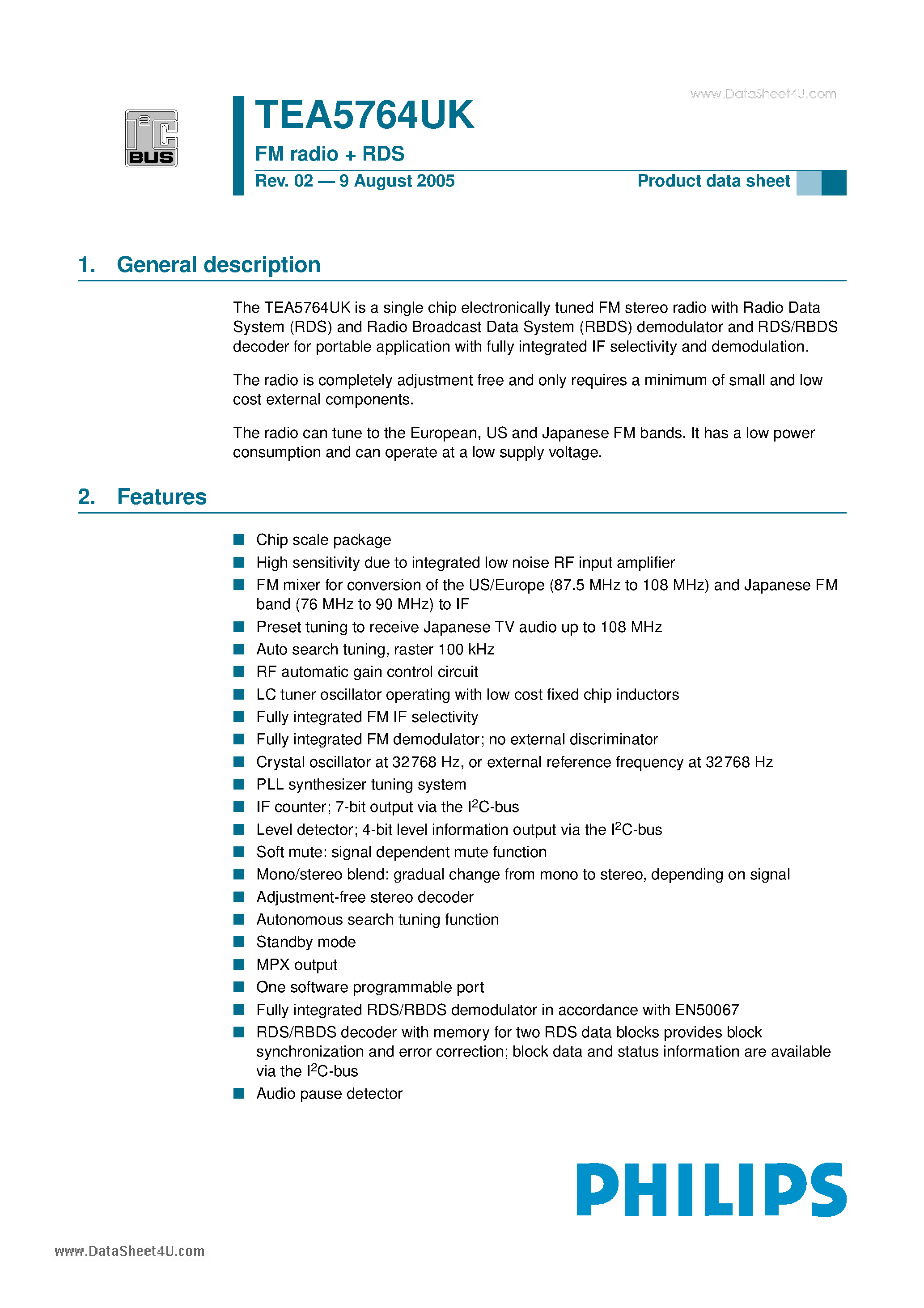 Даташит TEA5764UK - FM radio + RDS страница 1
