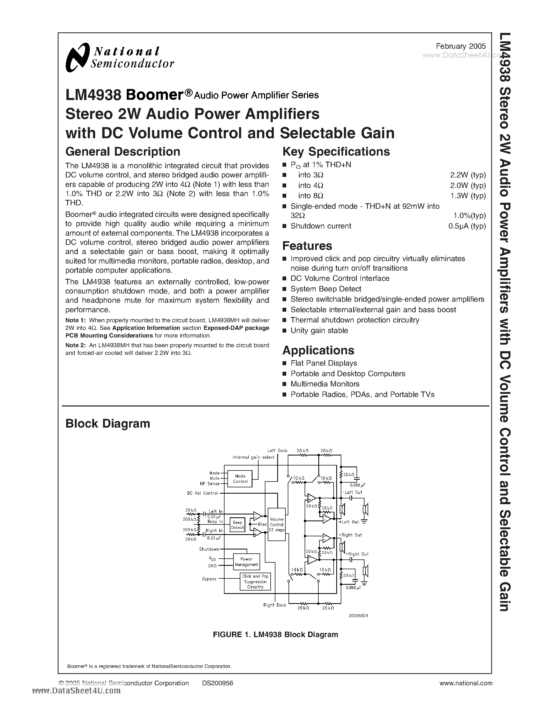 Даташит на микросхему LM4938 страница 1 Даташит LM4938 - Stereo 2W Audio Power Amplifiers страница 1