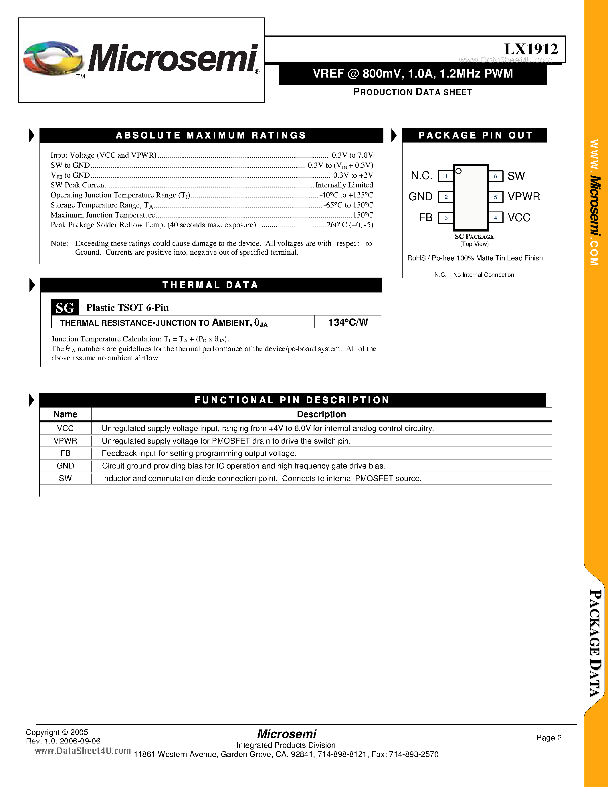 Datasheet LX1912 - VREF 800mV -1.0A -1.2MHz PWM page 2