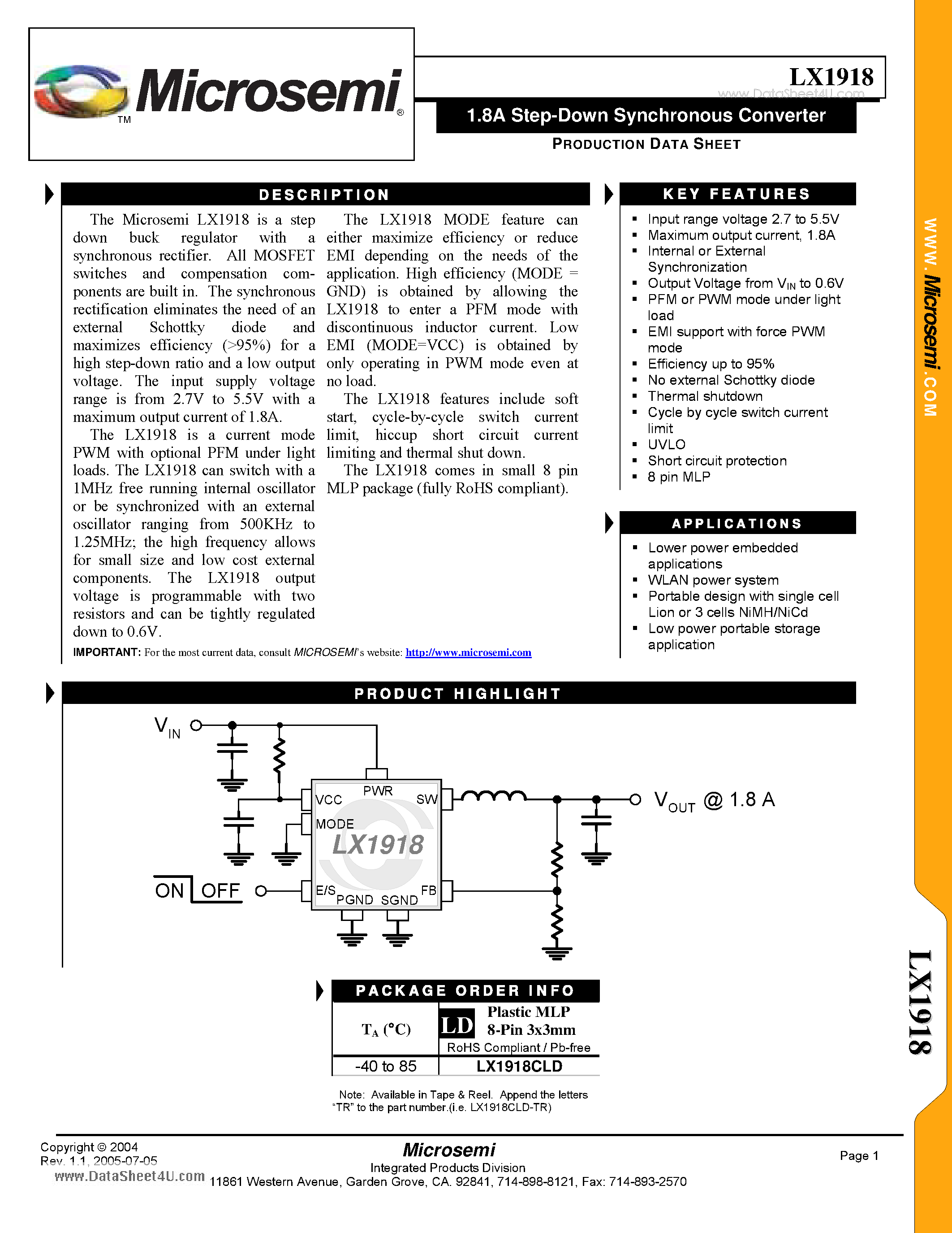 Datasheet LX1918 - 1.8A Step-Down Synchronous Converter page 1