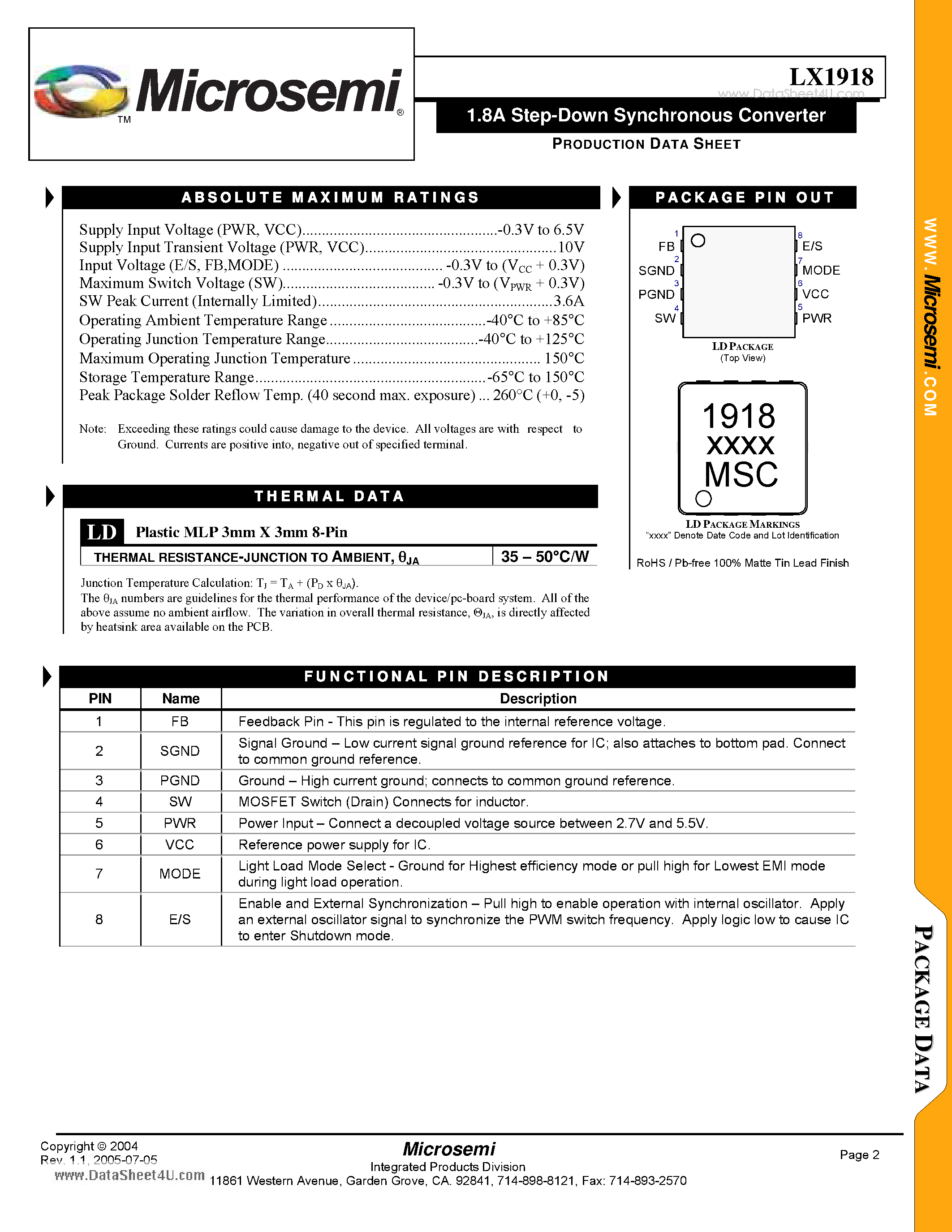 Datasheet LX1918 - 1.8A Step-Down Synchronous Converter page 2