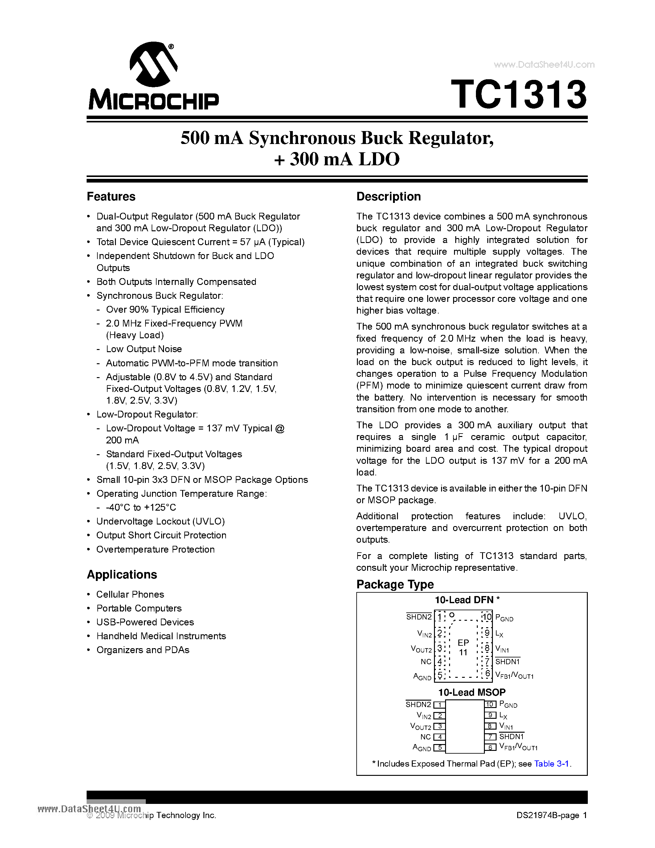 Datasheet TC1313 page 1 Datasheet TC1313 - 500 mA Synchronous Buck Regulator /+ 300 mA LDO page 1