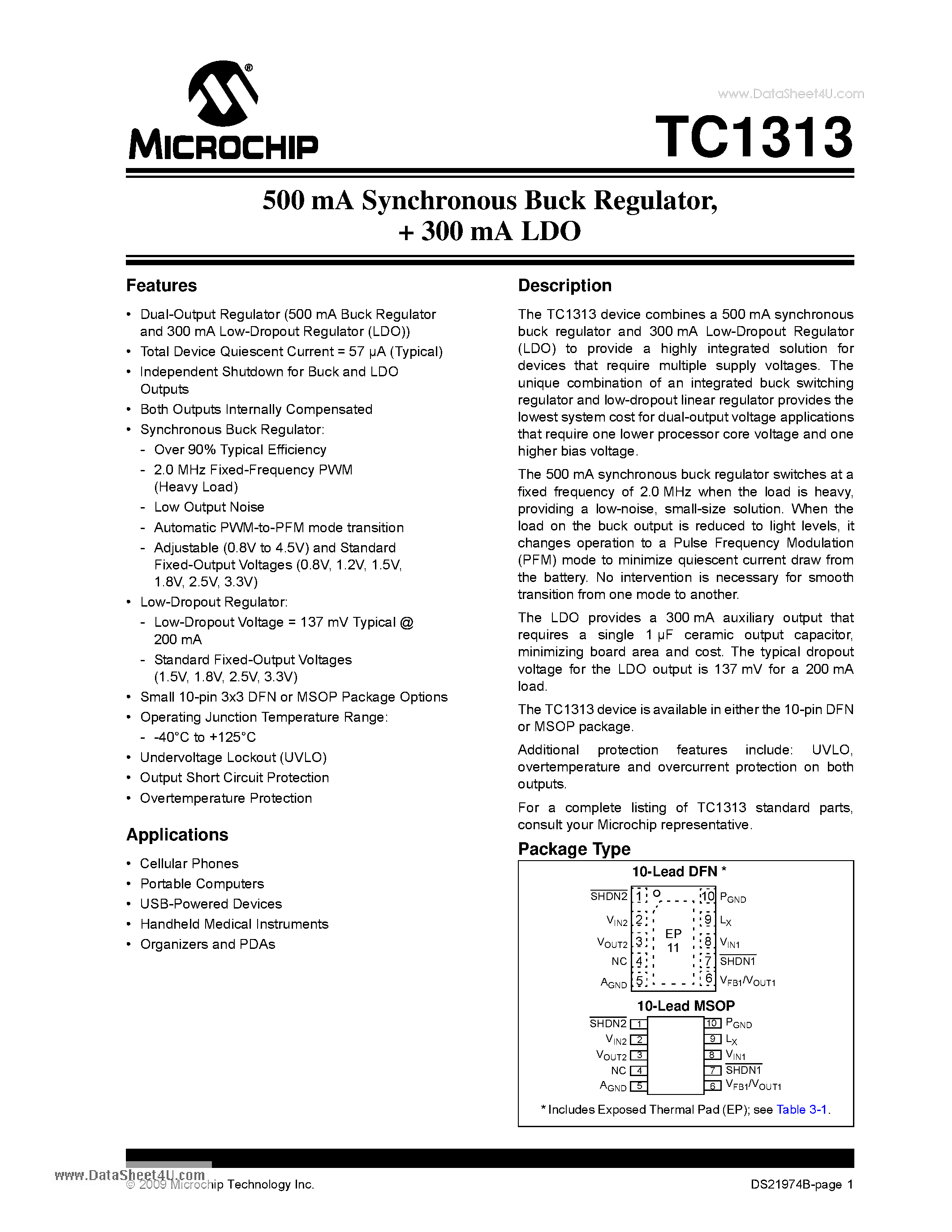 Даташит TC1313 - 500 mA Synchronous Buck Regulator /+ 300 mA LDO страница 1