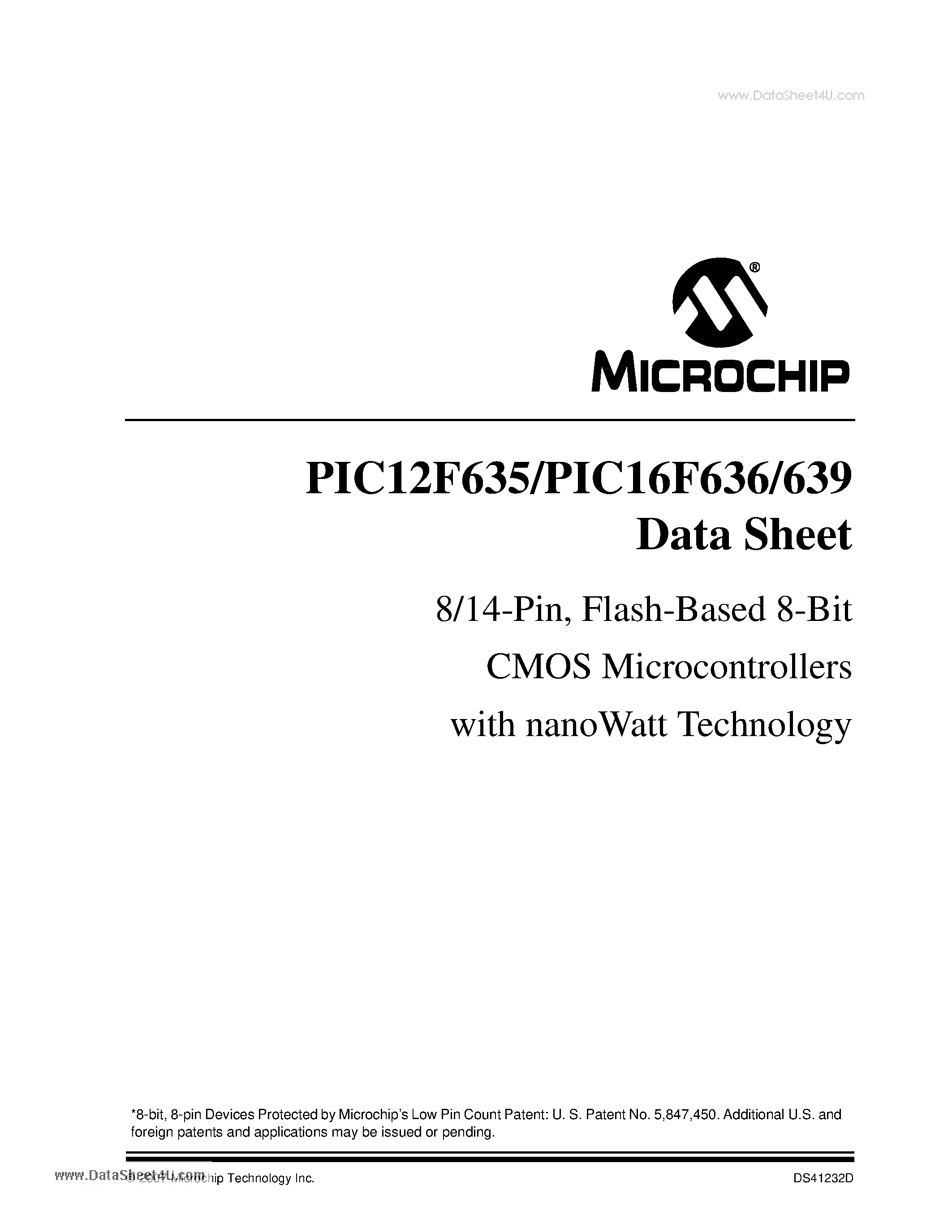 Datasheet PIC12F635 page 1 Datasheet PIC12F635 - 8/14-Pin - Flash-Based 8-Bit CMOS Microcontrollers page 1