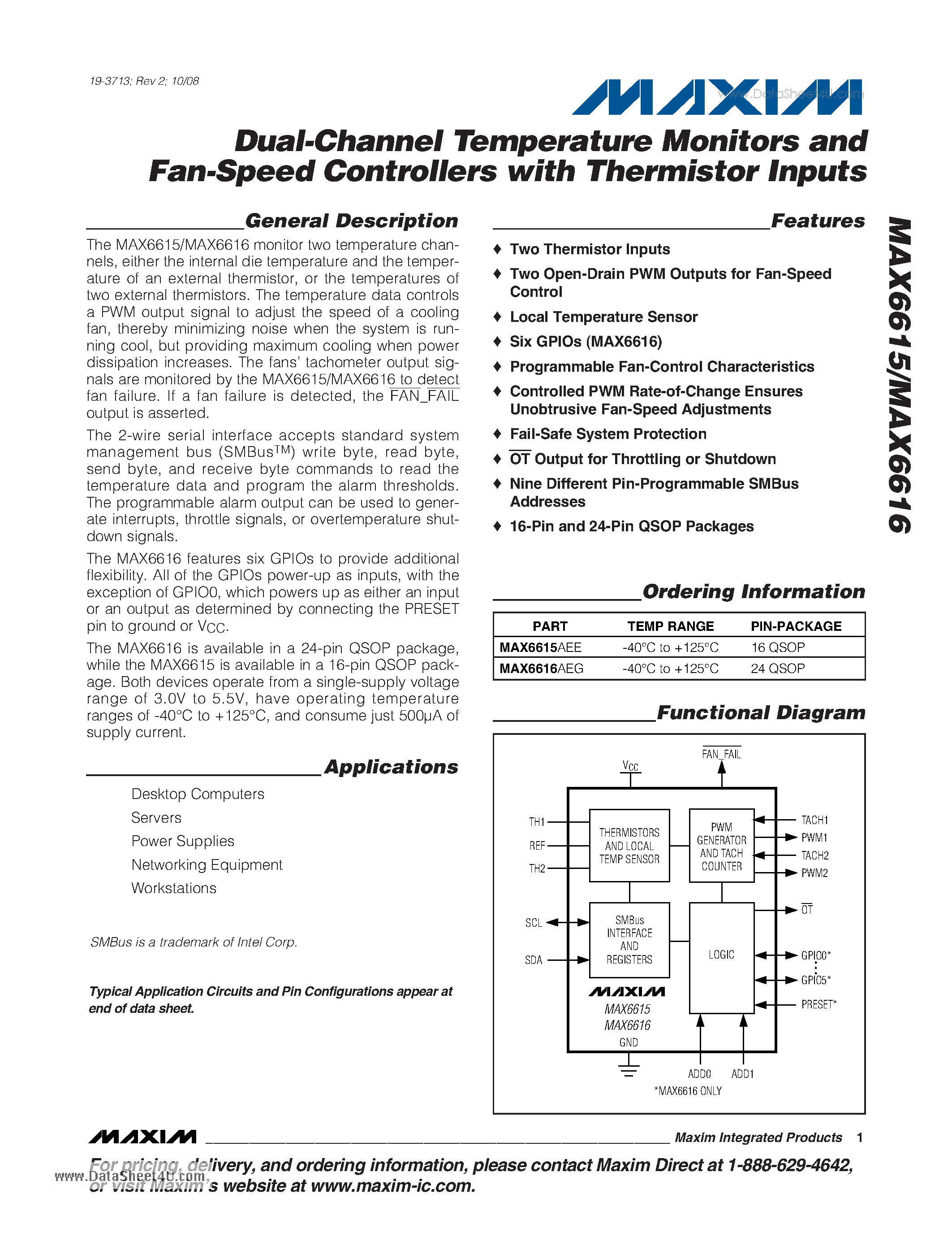 Datasheet MAX6615 - Dual-Channel Temperature Monitors and Fan-Speed Controllers page 1