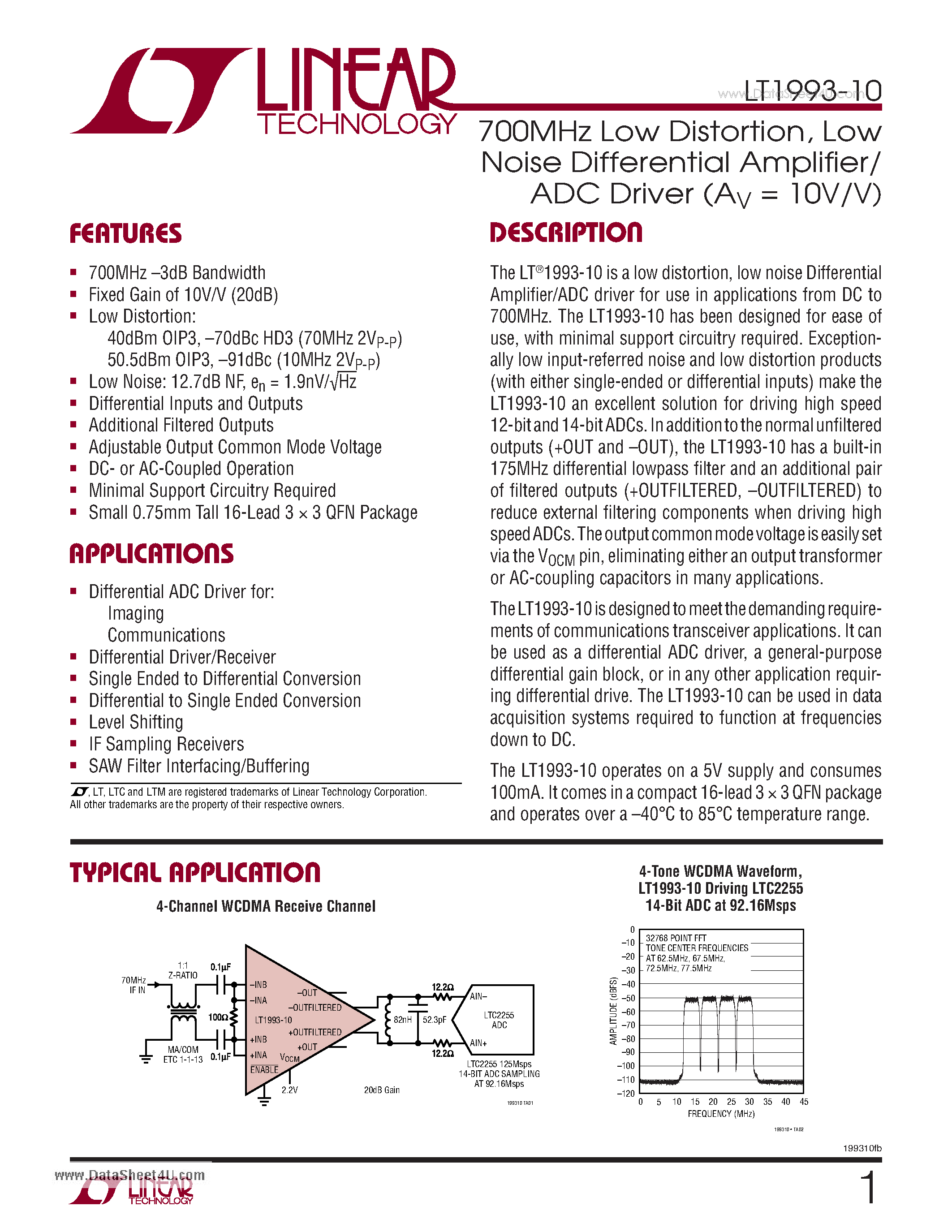 Datasheet LT1993-10 - 700MHz Low Distortion - Low Noise Differential Amplifier/ADC Driver page 1